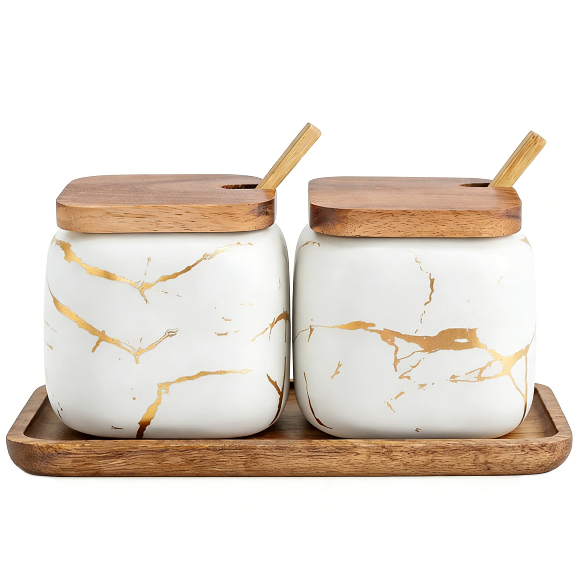 Sets of 2 Marble Ceramic Seasoning Jars Ceramic Sugar Salt bowl Condiment Pots with Wooden Lids,Wooden Spoon and Woodens Tray(White)