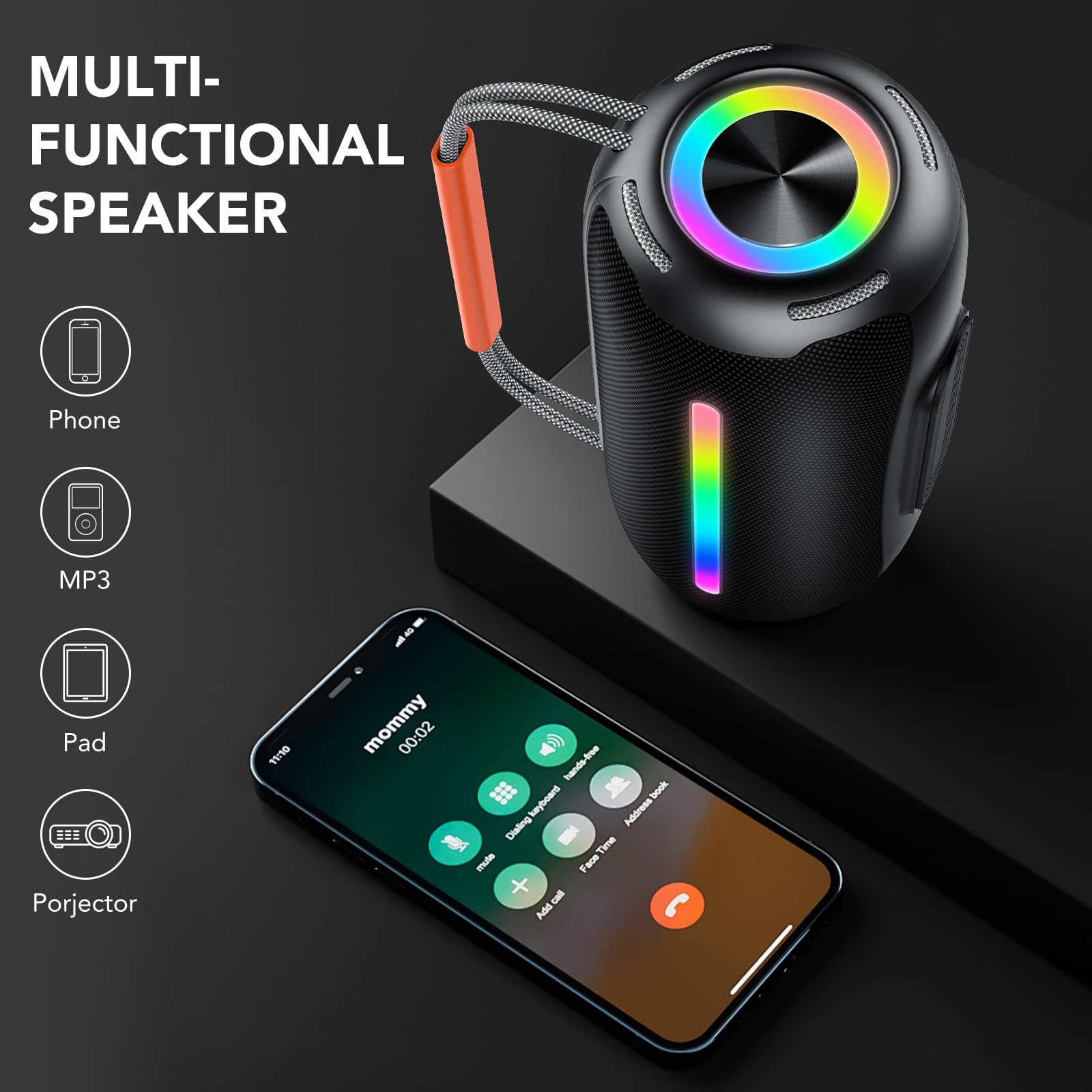 IKT Bluetooth Lautsprecher mit Tragegriff, 40W Musikbox Bluetooth Box mit Dualen Bass-Treibern, IPX7 Wasserdicht, RGB Lichter, TWS Kopplung, AUX, TF Karte, Geeignet Party/Outdoor/Reisen, Schwarz