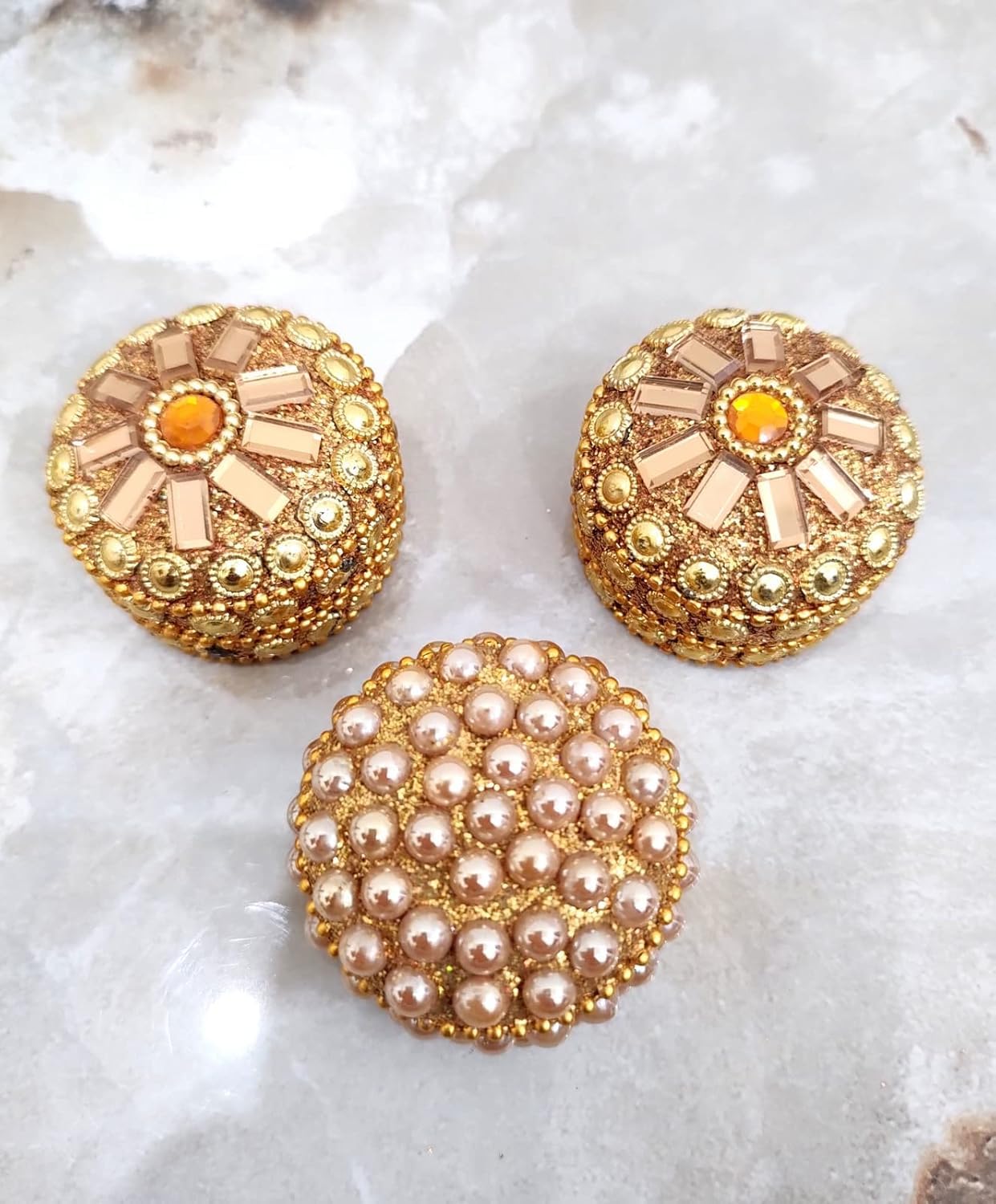 RK NAUTICAL INSTRUMENT Decorative Sindoor Kumkum Boxes, Gold-Toned with Pearl and Crystal Details, Set of 3