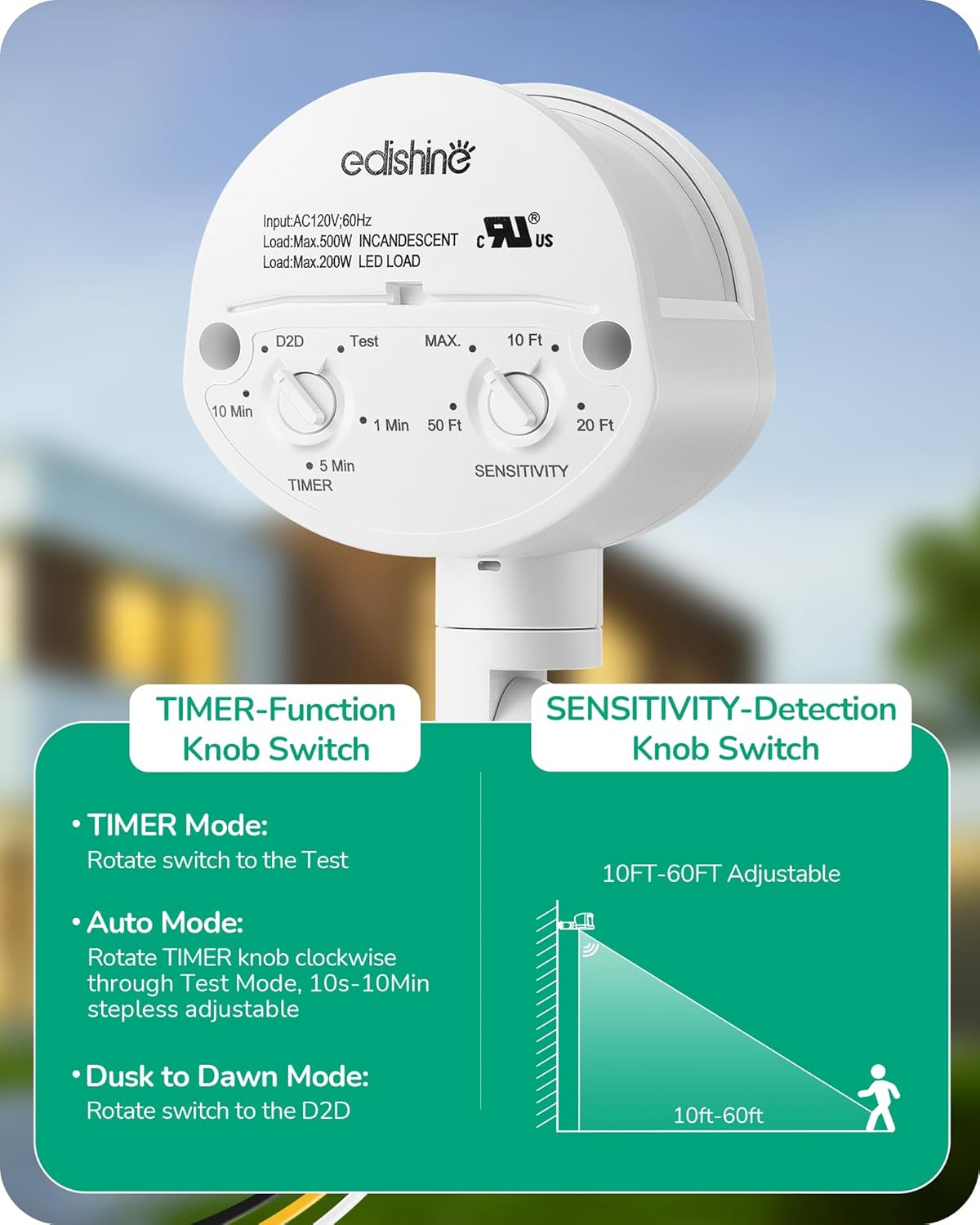 EDISHINE 2 Pack Motion Sensor, 180-Degree Replacement Motion Detector for Outdoor Lights, Adjustable Time  Detection Range Up to 60FT, 3 Modes PIR Motion Sensor for Floodlight, White, UL Listed EDISHINE 2 Pack Motion Sensor, 180-Degree Replacement Motion Detector for Outdoor Lights, Adjustable Time  Detection Range Up to 60FT, 3 Modes PIR Motion Sensor for Floodlight, White, UL Listed