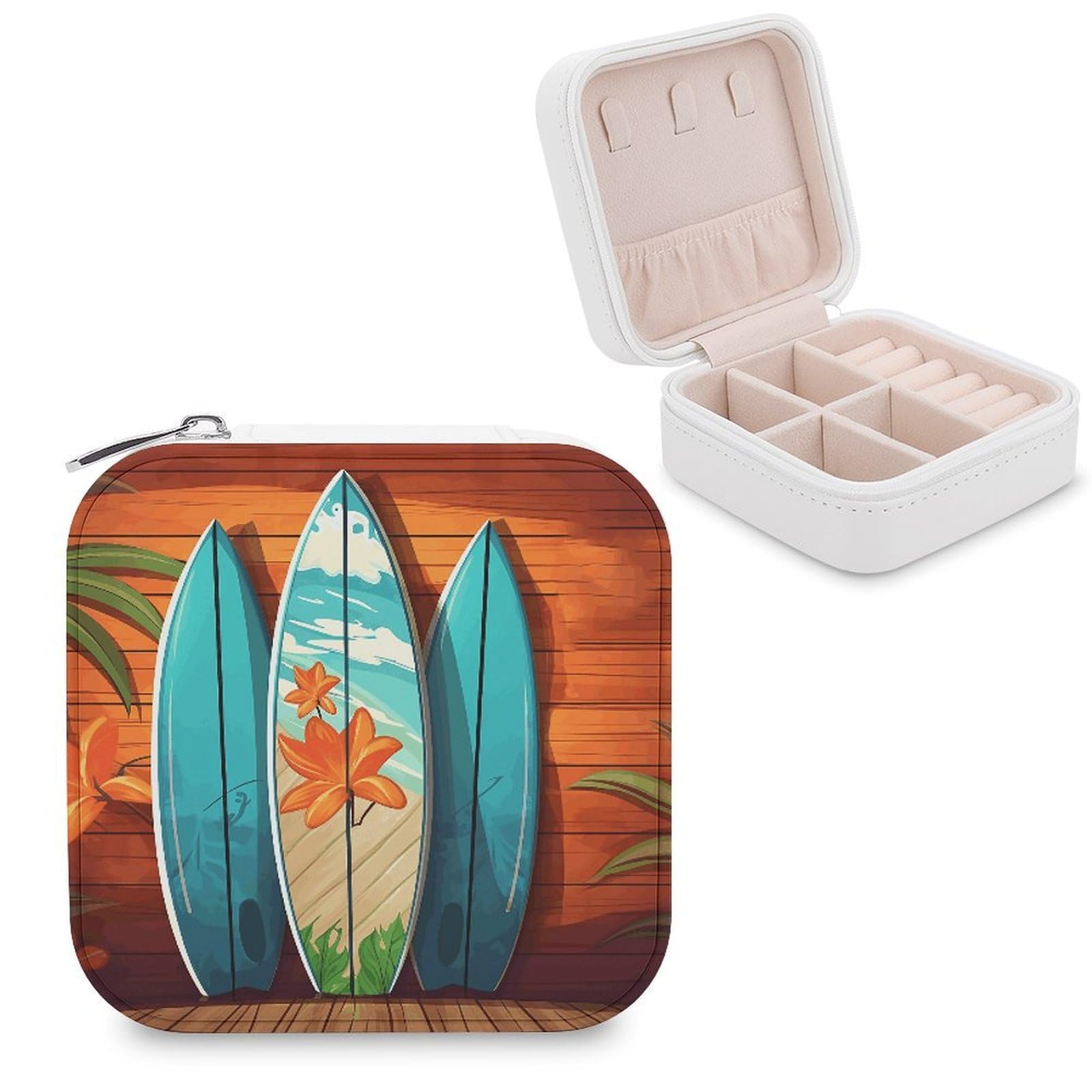FekiLoot Surfboard on Wooden Jewelry Box Custom Jewelry Travel Case Pu Leather Trinket Organizer Box to Organize Ring Pendant Earring Small Portable Jewelry Storage Holder for Women