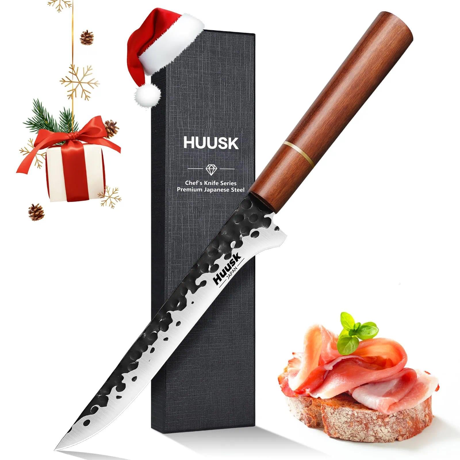 Huusk Boning Knife for Meat Cutting, 7 Inch Fillet Knives Hand Forged Carbon Steel Butcher Knife, Brisket Trimming Knives for Meat and Poultry Fish with Rosewood Handle Gift Box, Men's Christmas Gifts