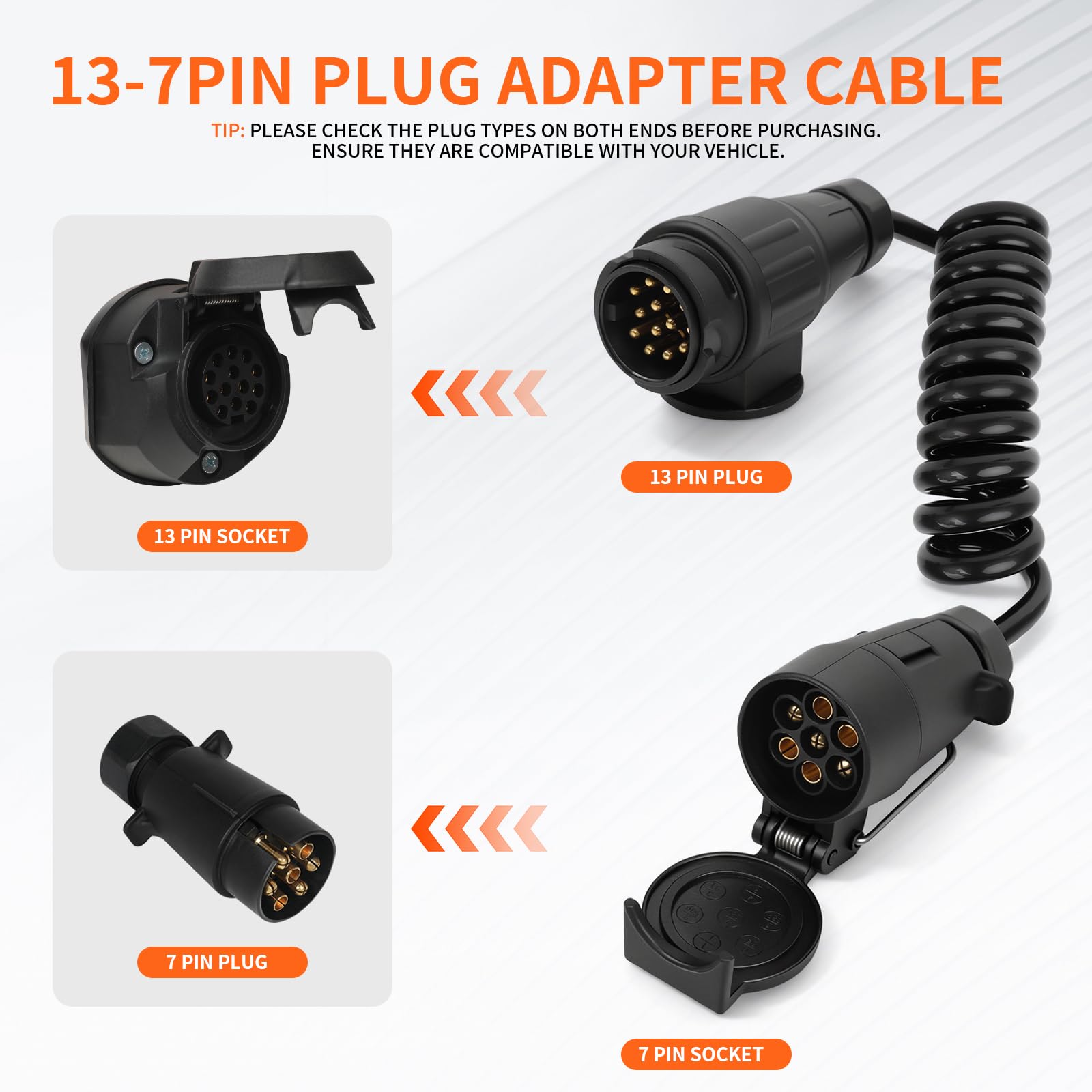 12V 24V - 1.2 M Cavo Prolunga Spirale Rimorchio 13 a 7 Poli con Spina 13 Poli e Presa 7 Poli per Caravan Camion RV