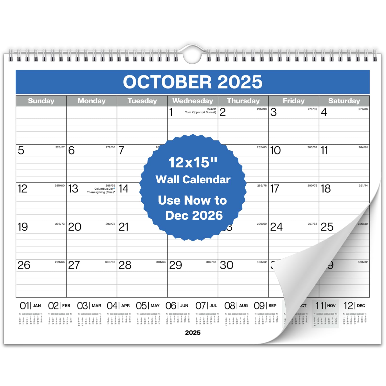 Dunwell 12x15 Wall Calendar 2025-2026, Use Now to Dec 2026, Large Lined 12 x 15 Monthly Calendar, Professional Styling for Home, Office or Back to School, Premium Paper