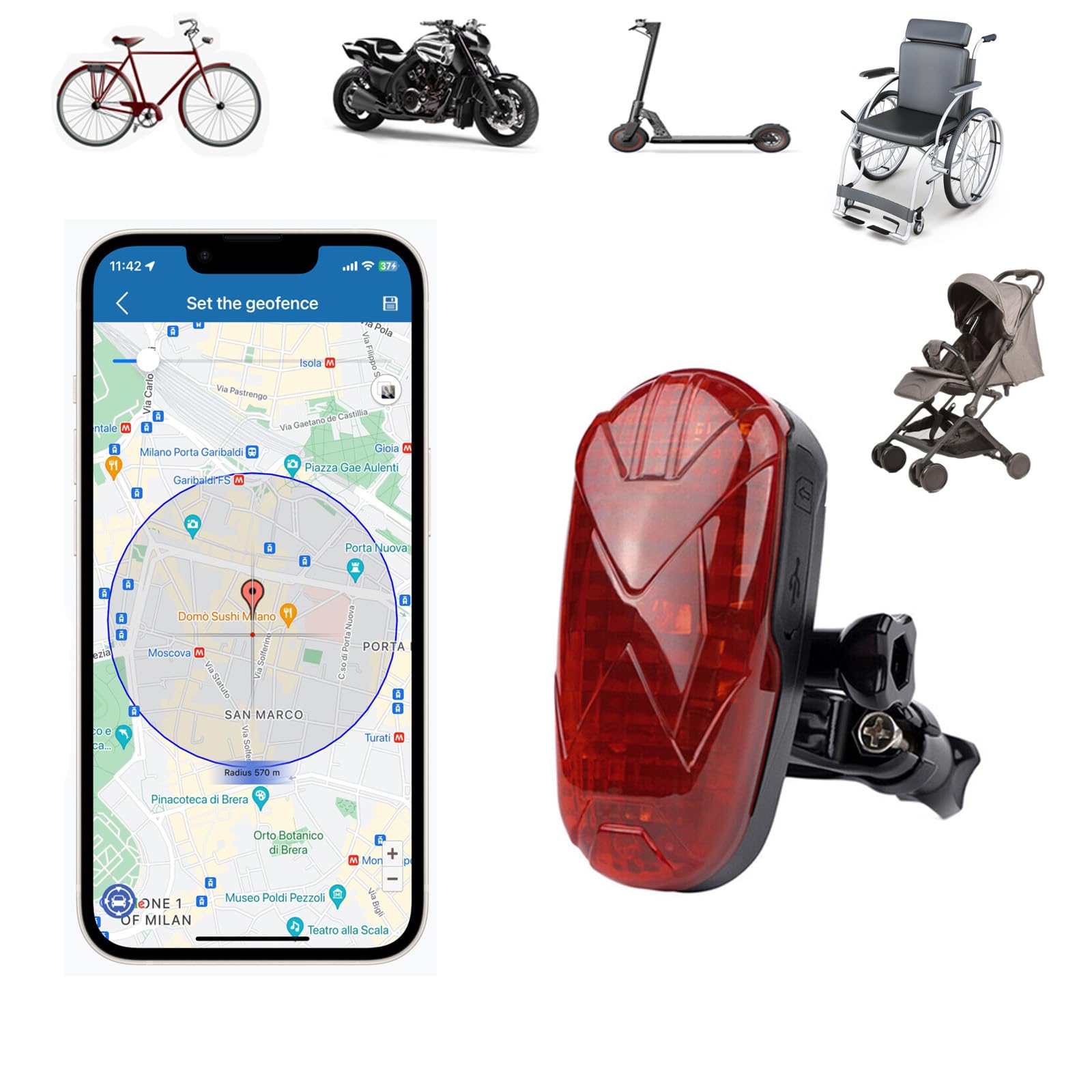 Localizzatore GPS per Bici, Moto, Sedie a Rotelle, Scooter, Passeggini - Tracker Senza Abbonamento, Posizionamento in Tempo Reale, SOS, Metodi Di Allarme Multipli TK906 1800