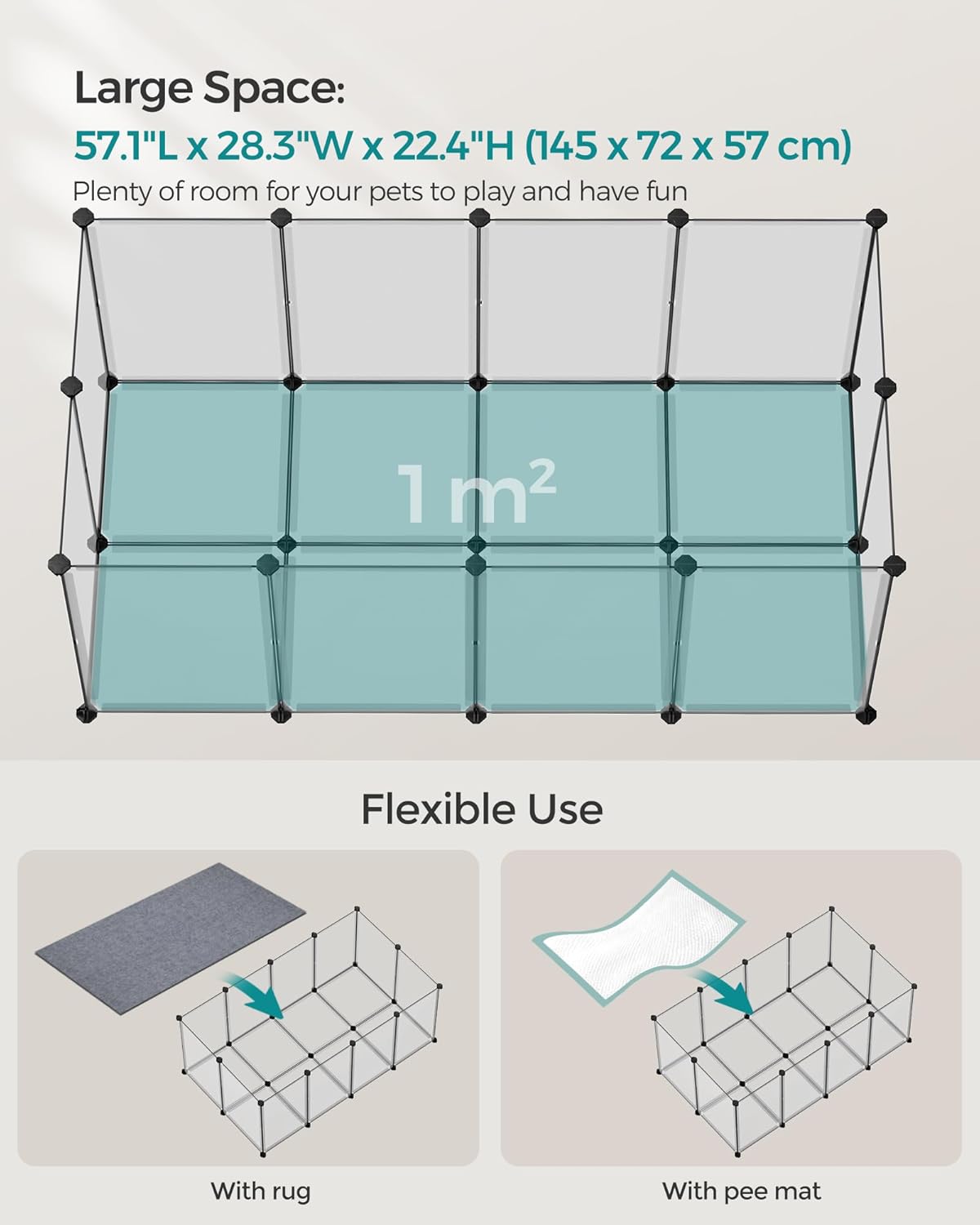 SONGMICS Pet Playpen with Floor, Small Animal Pen, Pet Fence Indoor, DIY Plastic Enclosure for Hamsters, Hedgehogs, 57.1 x 28.3 x 22.4 Inches, White ULPC007W01
