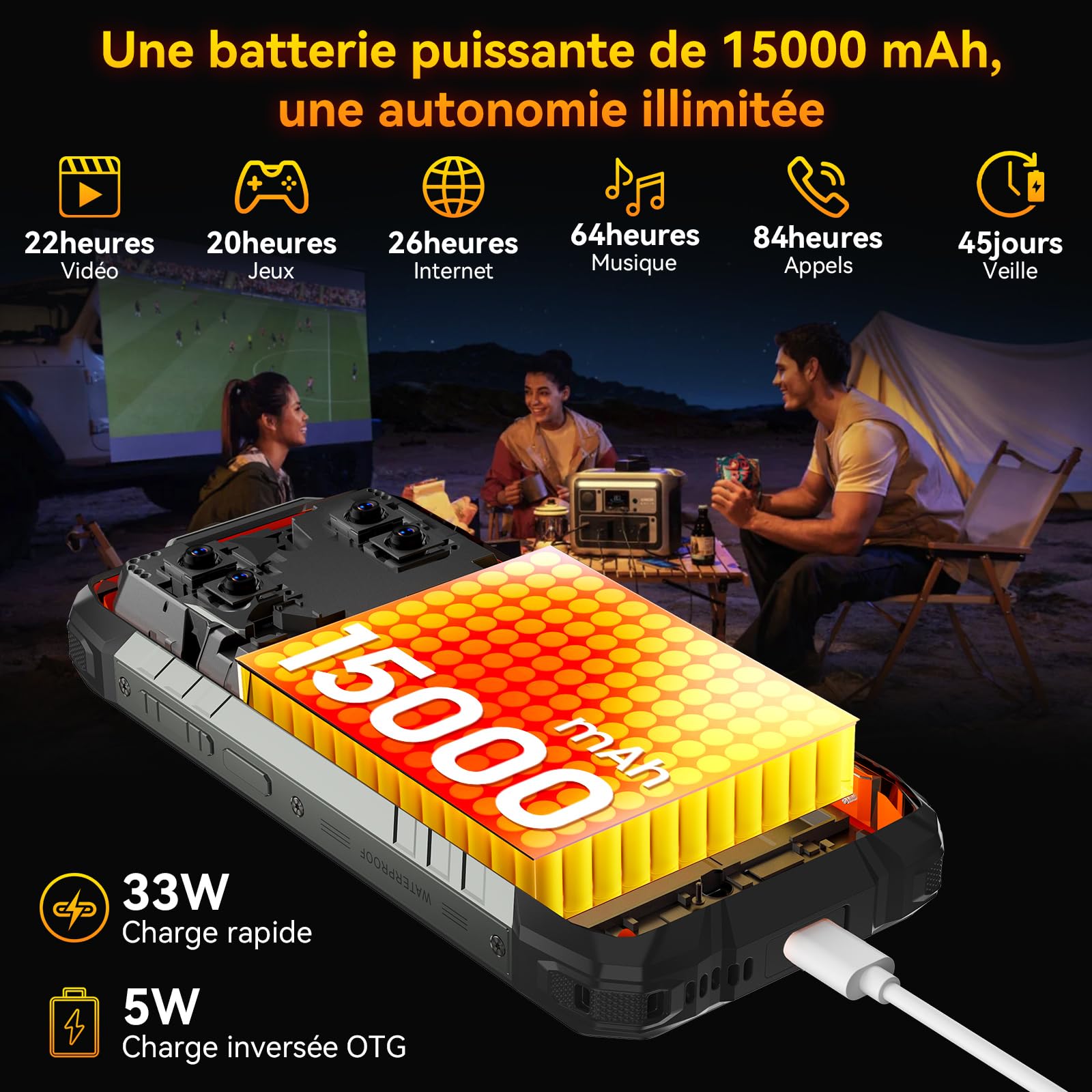 Blackview ROCK 1 Téléphone Portable Incassable Android 16, 24GB+256GB Téléphone Incassable, 20MP Vision Nocturne, 15000mAh, Gemini AI, 6.56" HD+ 2.01" Écran, Étanche IP69K, NFC/GPS/OTG/2 Ans Garantie