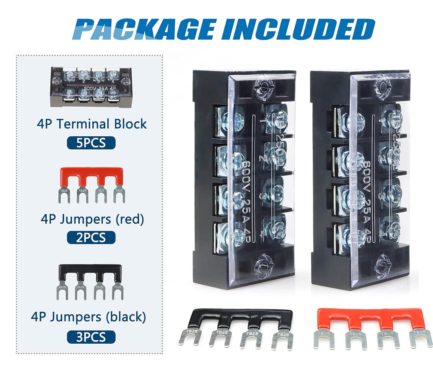 FIXITOK Terminal Blocks, 5 Sets 4 Positions 600V 25A Electrical Terminal Junction Block with Cover Bus Bar Dual Row Screw Terminal Strip + 400V 25A Pre-Insulated Barrier Strip Jumper