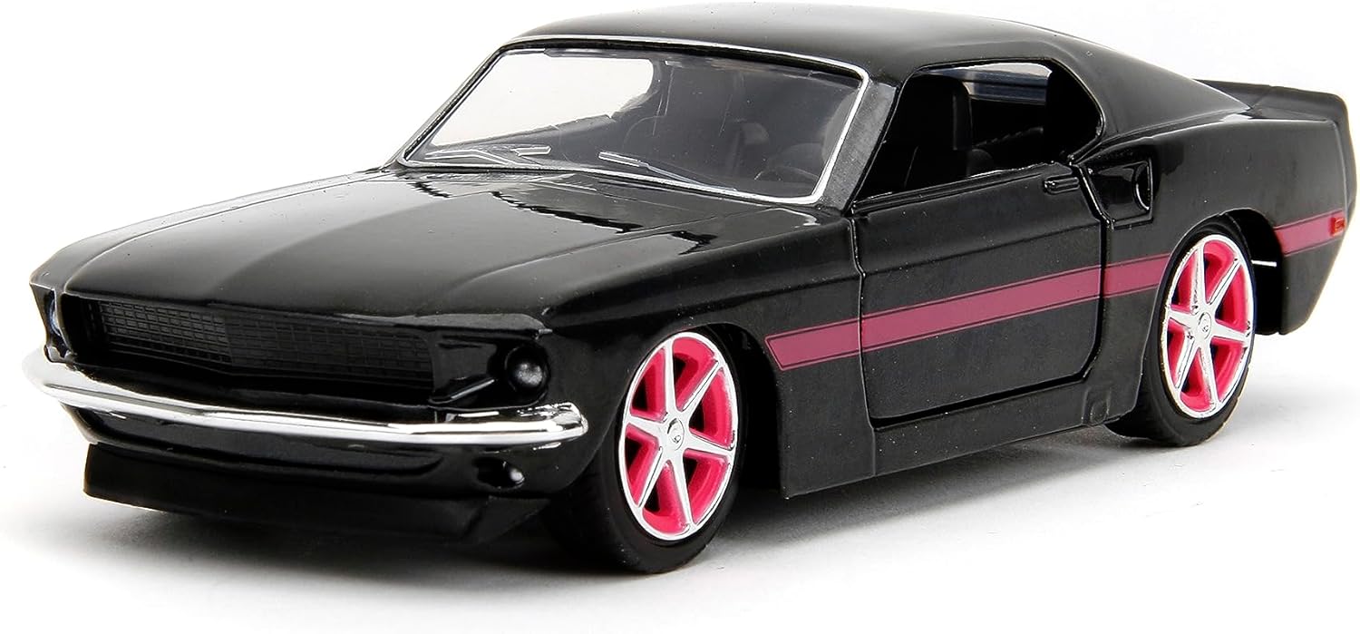 Jada Pink Slips 1:32 W2 1969 Ford Mustang Die-Cast Car, Toys for Kids and Adults (Black/Pink Stripes)