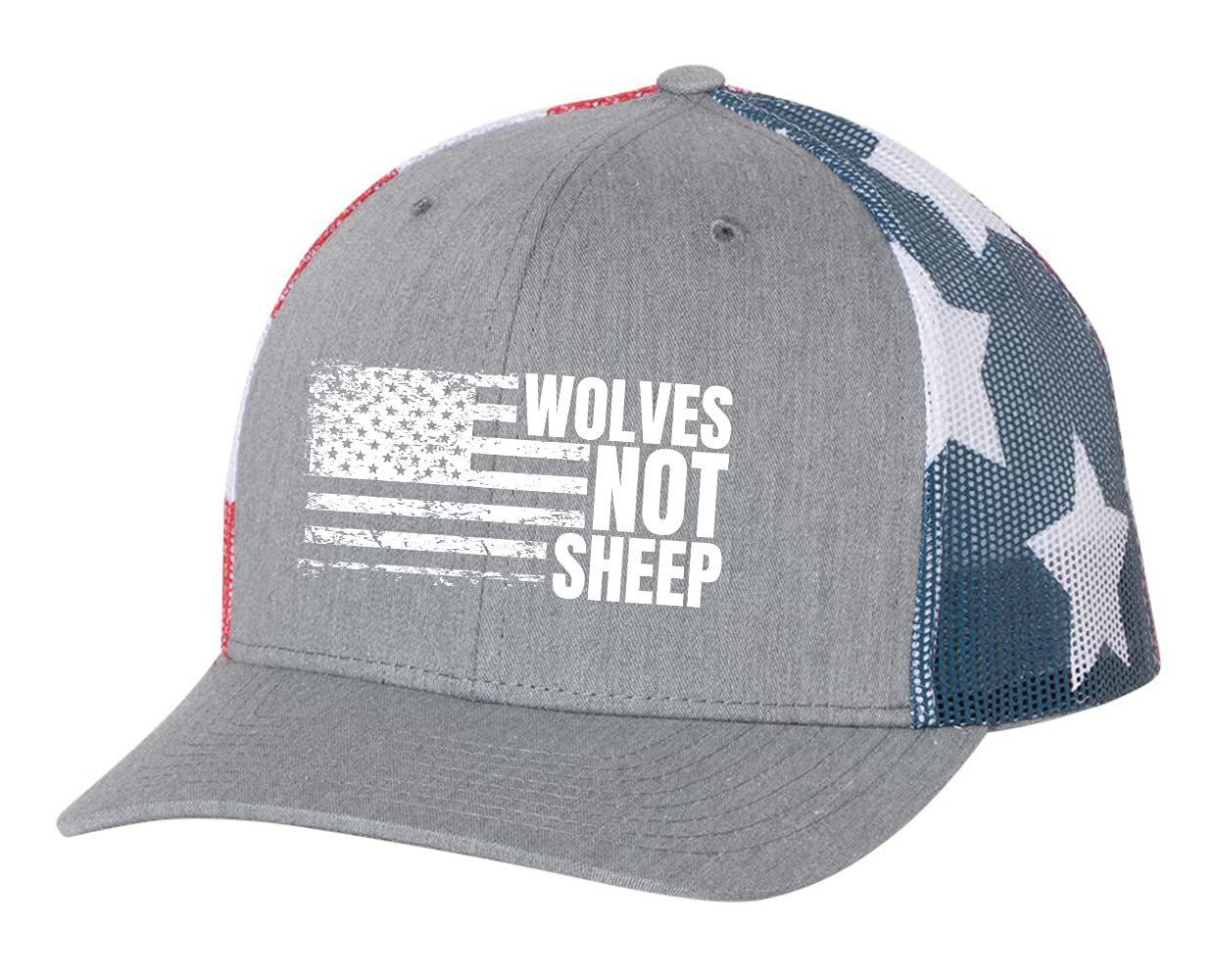 Men's Wolves Not Sheep Patriotic Embroidered American Flag Mesh Back Trucker Hat, Heather Grey/American Flag Mesh, Heather Grey/American Flag Mesh, One Size-X-Large
