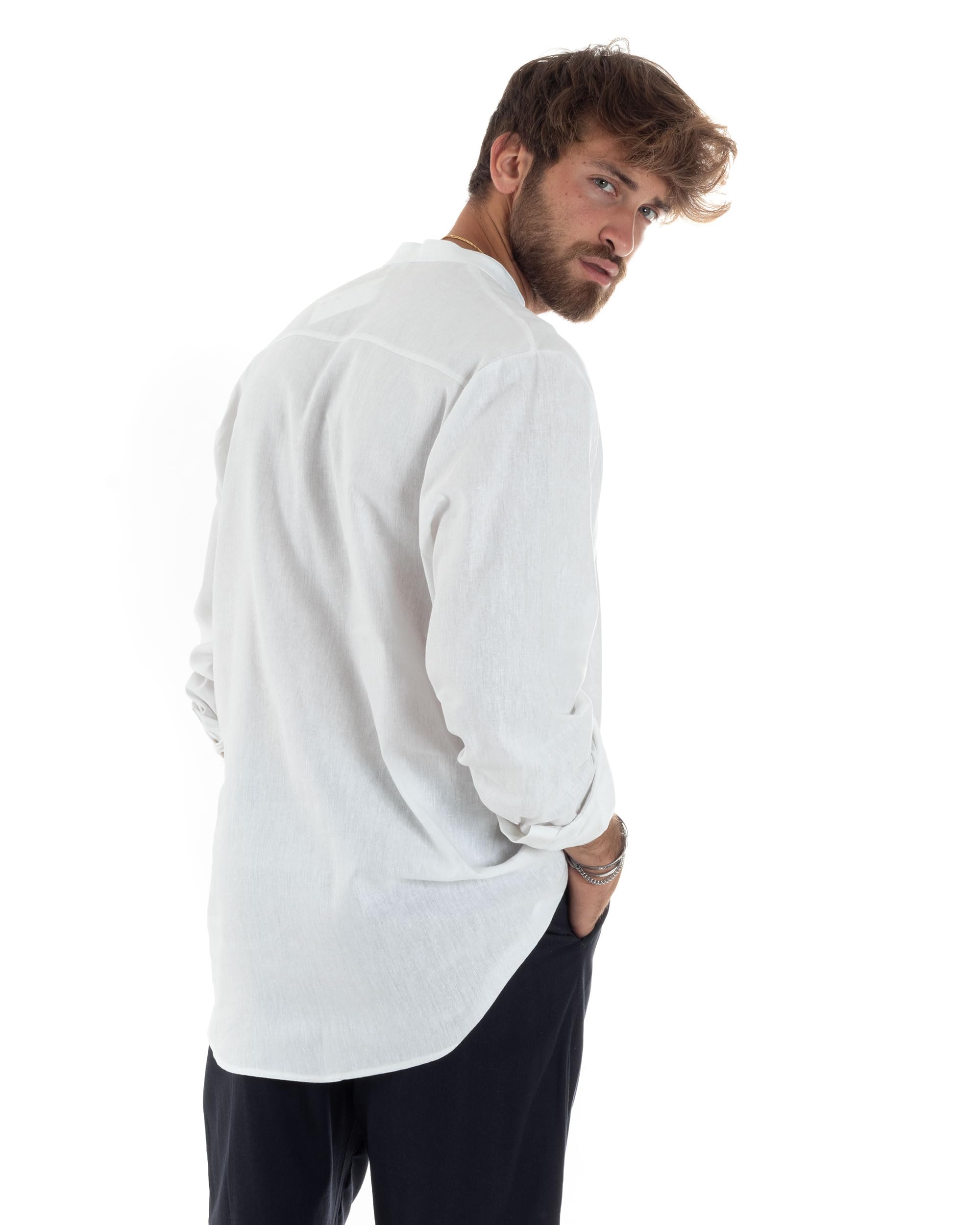 Camicia Maniche Lunghe Uomo Lino Regular Fit Collo Serafino alla Coreana Casual Tinta Unita Vari Colori