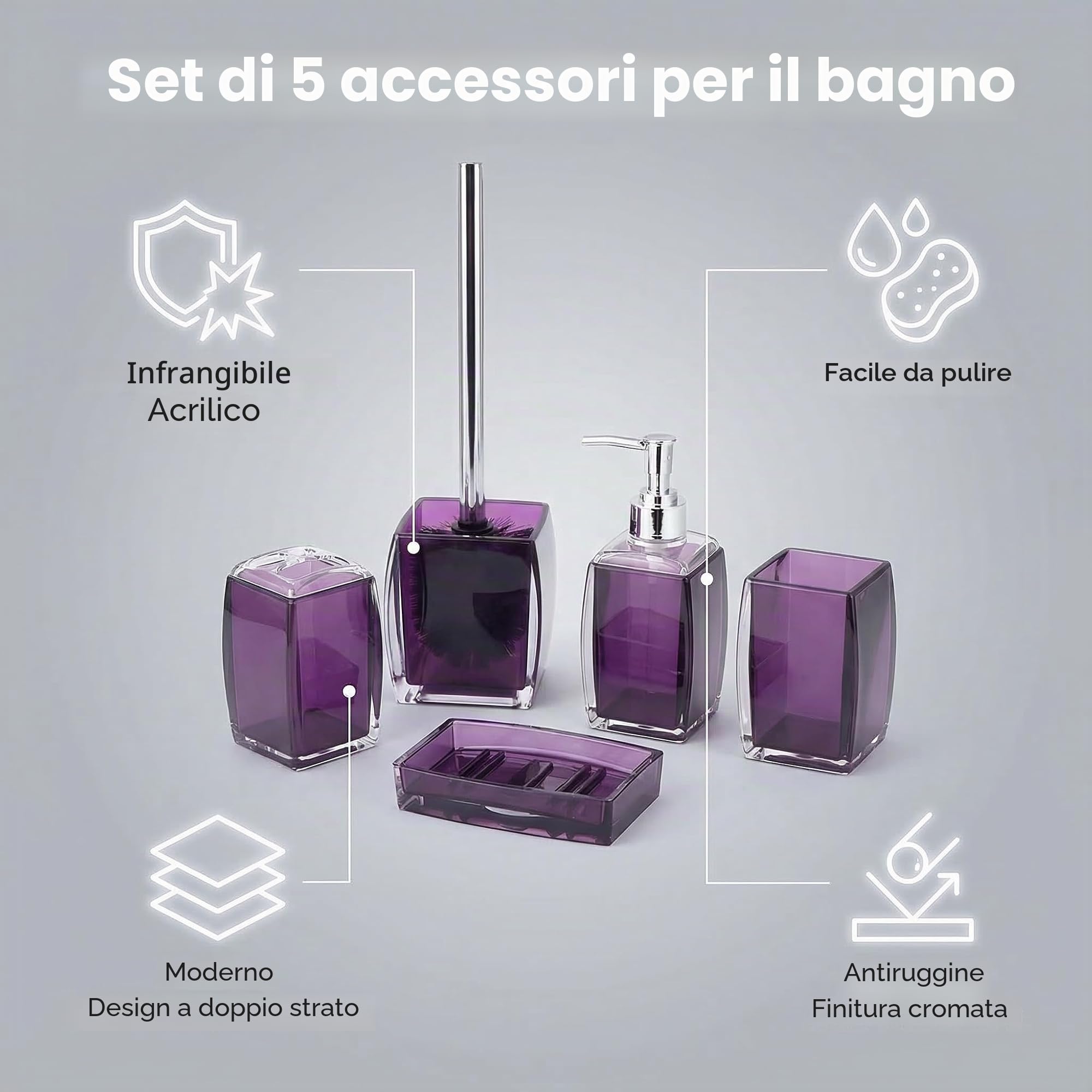 Set completo di accessori da bagno in resina/acrilico viola, dispenser per lozione/sapone, portasapone, portaspazzolino, bicchiere, scopino e supporto, decorazione moderna per il bagno e set