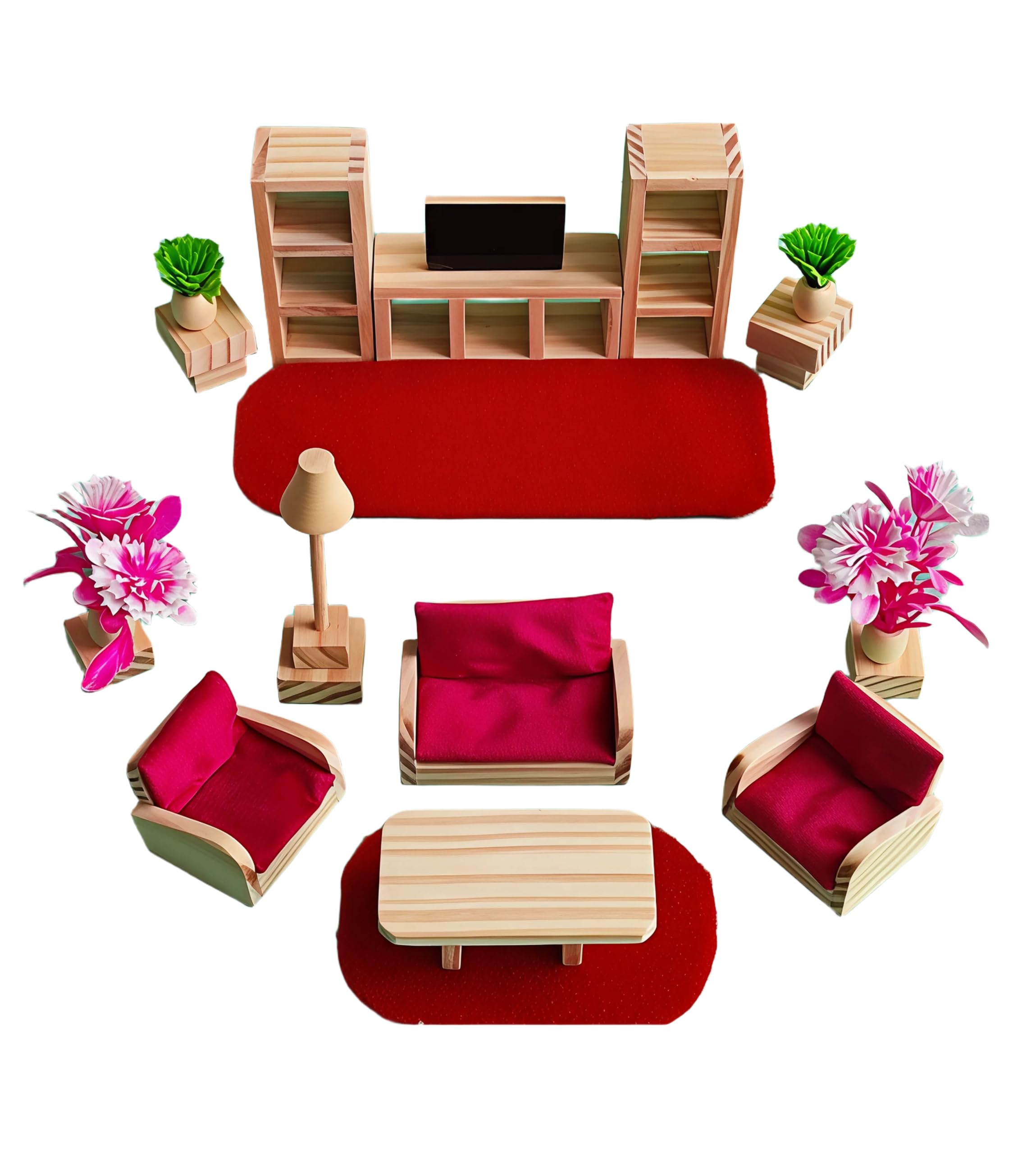 TinyMinyWorld Dollhouse Accessories Doll House Furniture Set (Wooden): Drawing Room - Kitchen - Bedroom - Toilet (Drawing Room Lounge)