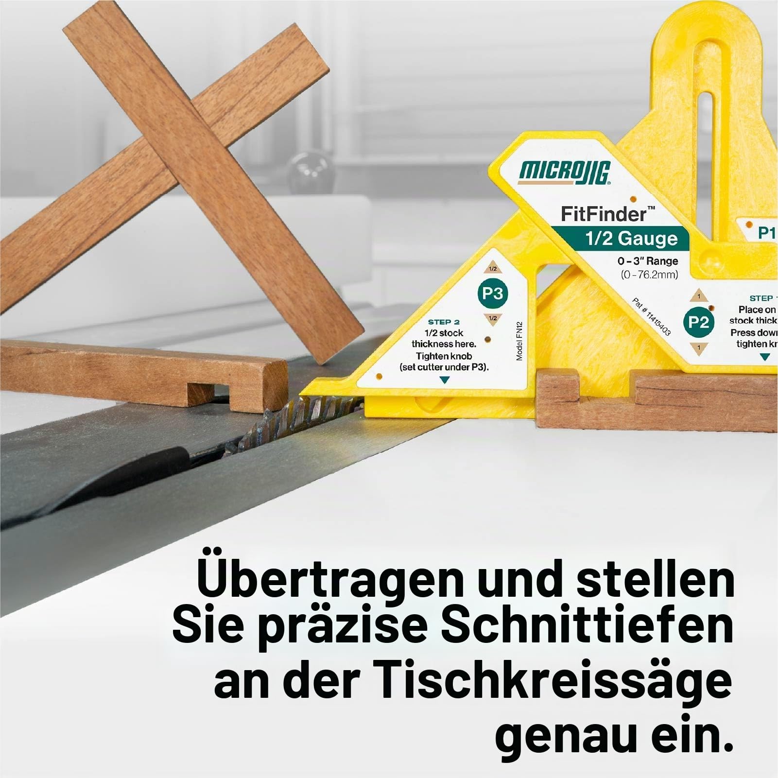 MicroJig FitFinder 1/2 – Einstelllehre zur Ermittlung der halben Materialstärke – Zentrumsfinder für Holzarbeiten – Für Werkstücke bis 76 mm – Robuster ABS-Kunststoff