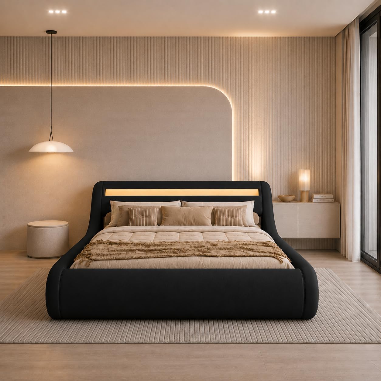MB Muebles Bonitos | Cama de Matrimonio Rodas para Colchón de 150x190 cm | Luz LED | Canapé Abatible | Somier de Láminas | Estructura de Madera tapizada en Polipiel | Color Negro