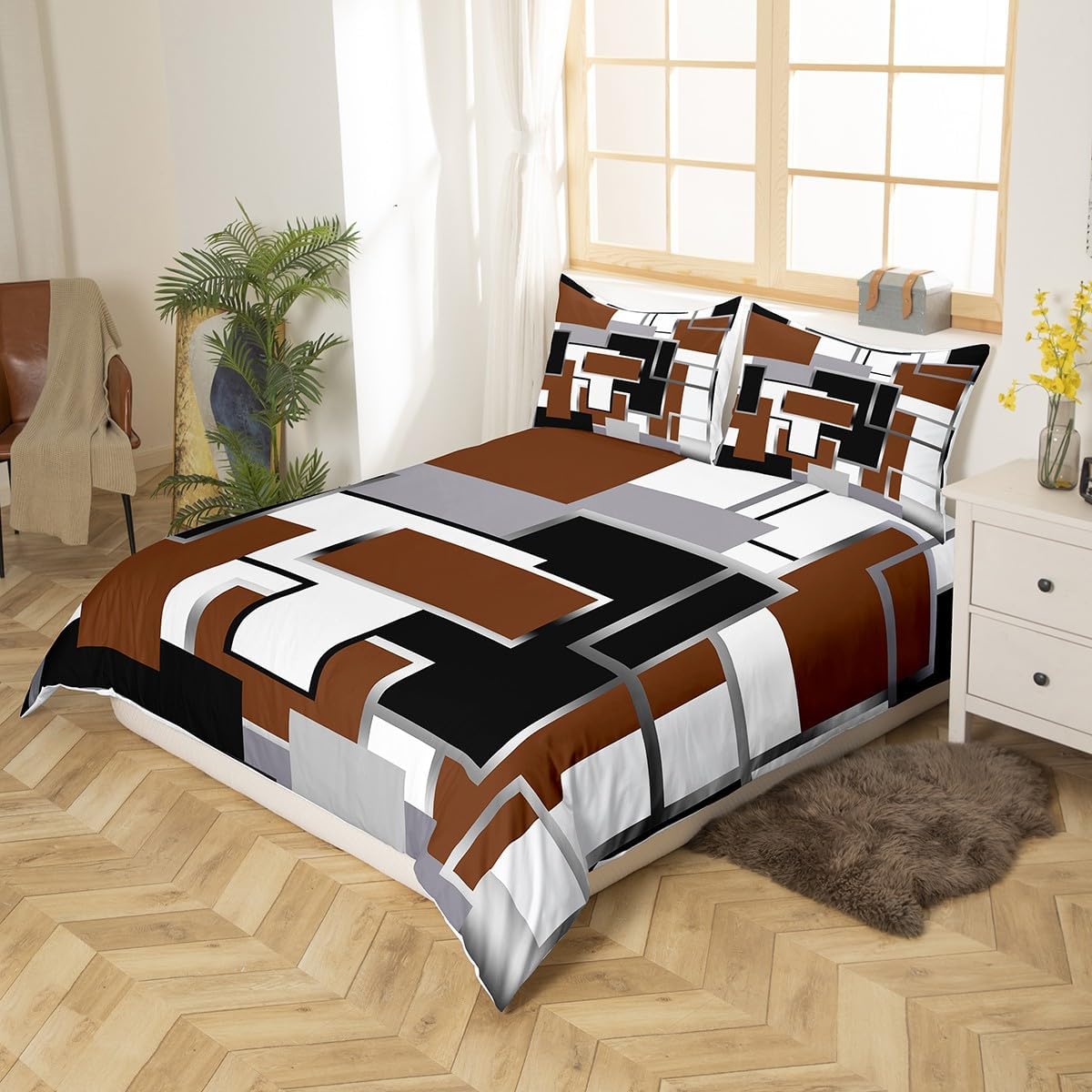 Erosebridal Red Grey Black White Duvet Cover for Women Men,3D Modern Square Bedding Set Queen,Geometric Comforter Cover,Square Grid Patchwork Bed Sets with 2 Pillowcases Soft