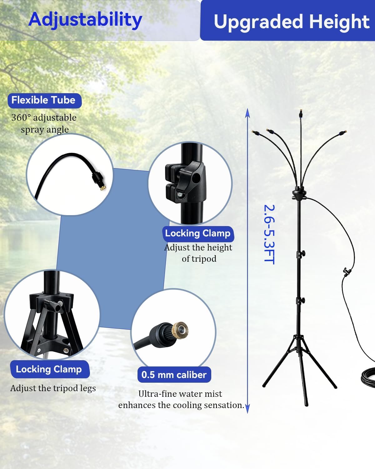 Upgraded 5.3FT Outdoor Misting System, Adjustable Stand with 360° Flexible Hose & 0.5mm Nozzles for Ultra Fine Mist, Patio Cooling Kit for Backyard, Pool, BBQ - Includes 26FT Hose & Tripod image 2