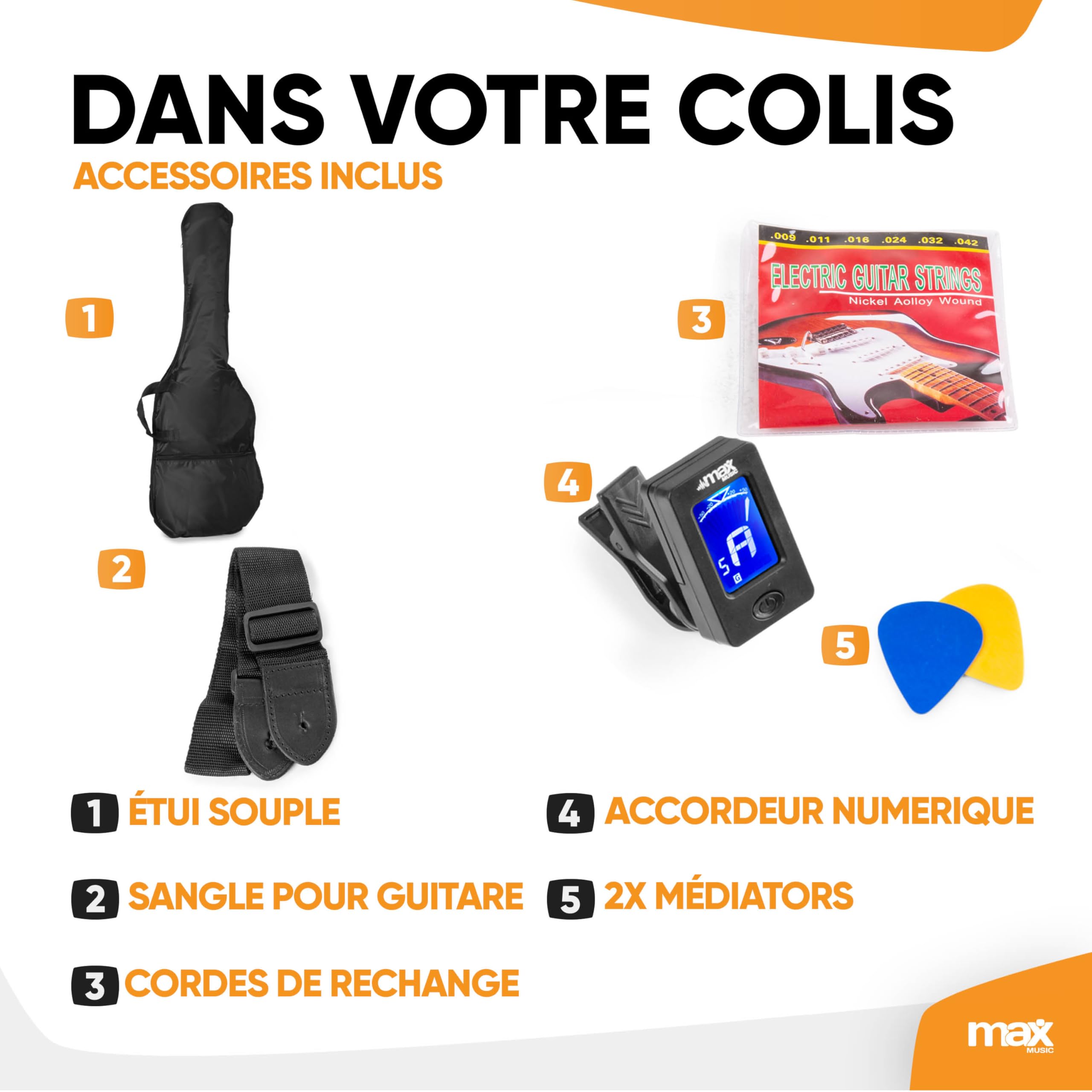 MAX Pack Guitare Électrique GigKit avec Amplificateur 40 Watts - Noir, Livré avec de Nombreux Accessoires, une Housse, des Médiators et un Accordeur Numérique, Idéal pour les Débutants