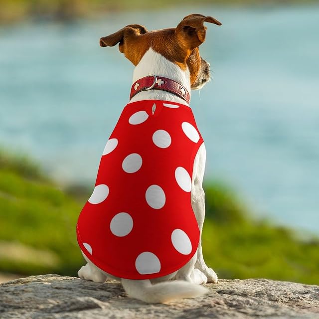 Foto 6 de 7 de Camisas para Perros con Lunares Rojos y Blancos, Camisetas de Verano para Mascotas, Camiseta sin Mangas Suave