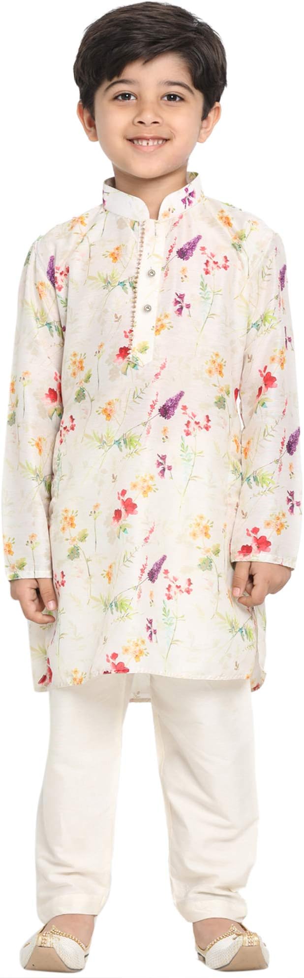 Vastramay Boys Linen Cotton Kurta Set for Independence Day Celebrations- Digital Floral Print Ethnic Wear with Mandarin Collar