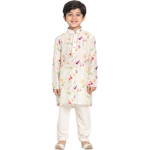 Boys Linen Cotton Kurta Set - Digital Floral Print