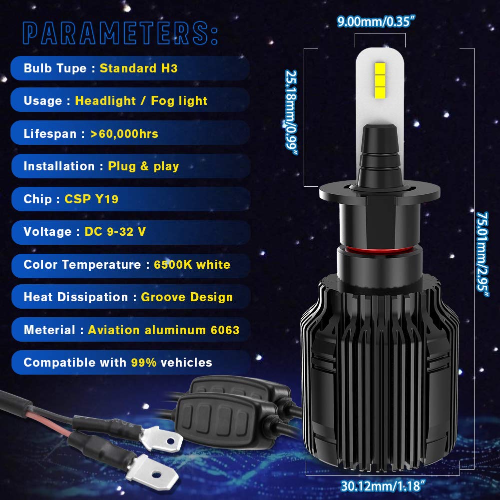 KATUR H3 żarówki LED do reflektorów, super jasne chipy CSP 8000LM, wszystko w jednym i bezwentylatorowy design, zestaw do konwersji reflektorów 50W 6500K Xenon biały - 2 lata