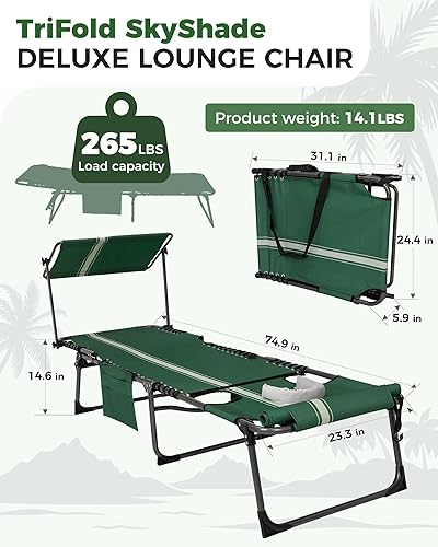 Miniatura 2 de KingCamp Silla de bronceado con agujero facial, sillas de descanso plegables para exteriores, portátil, cómoda, ajustable, 5 posiciones, plegable,