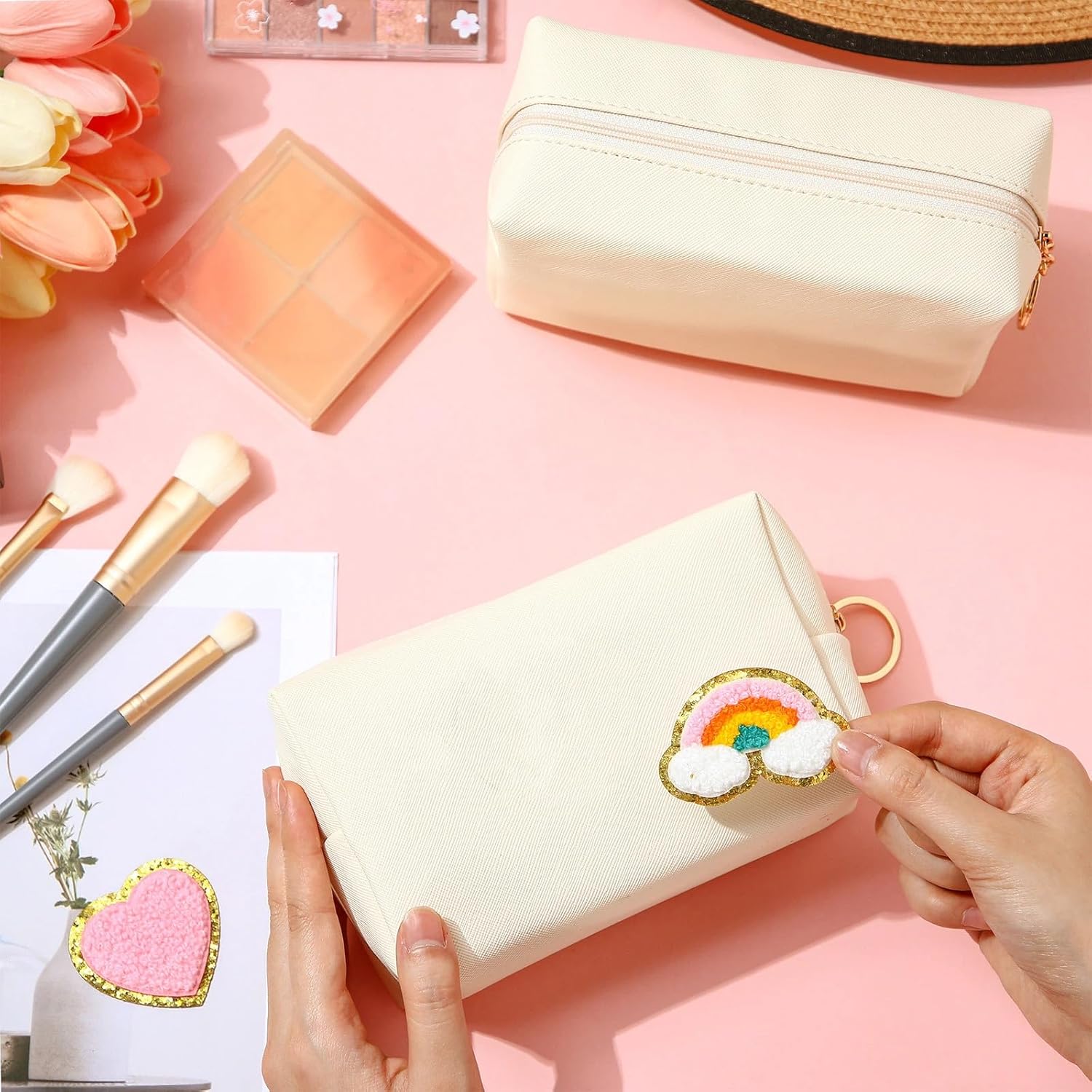 Chunful 24 Pcs Preppy Makeup Bag PU Leather Cosmetic Bag Bulk Makeup Plain Pouch Waterproof Toiletry Purse for Women Traveling Preppy Pencil Case Valentine's Day Gifts(Beige) - Image 6