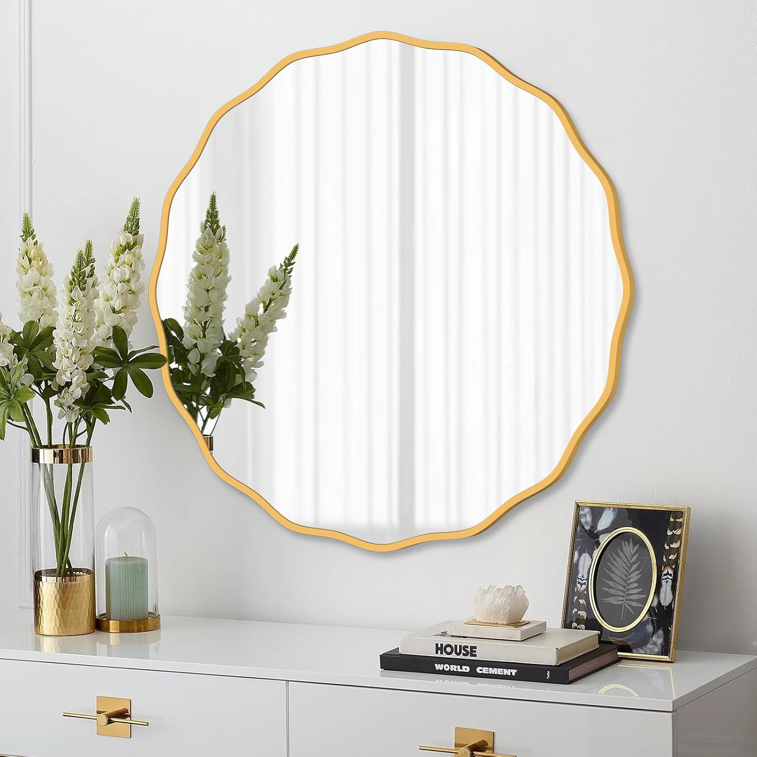 Wavy Round Mirror for Wall Decorative Modern Wavy Mirror Whit Wood Frame Circle Wall Mirror for Bathroom Bedroom Living Room Home House Office Entryway Gold