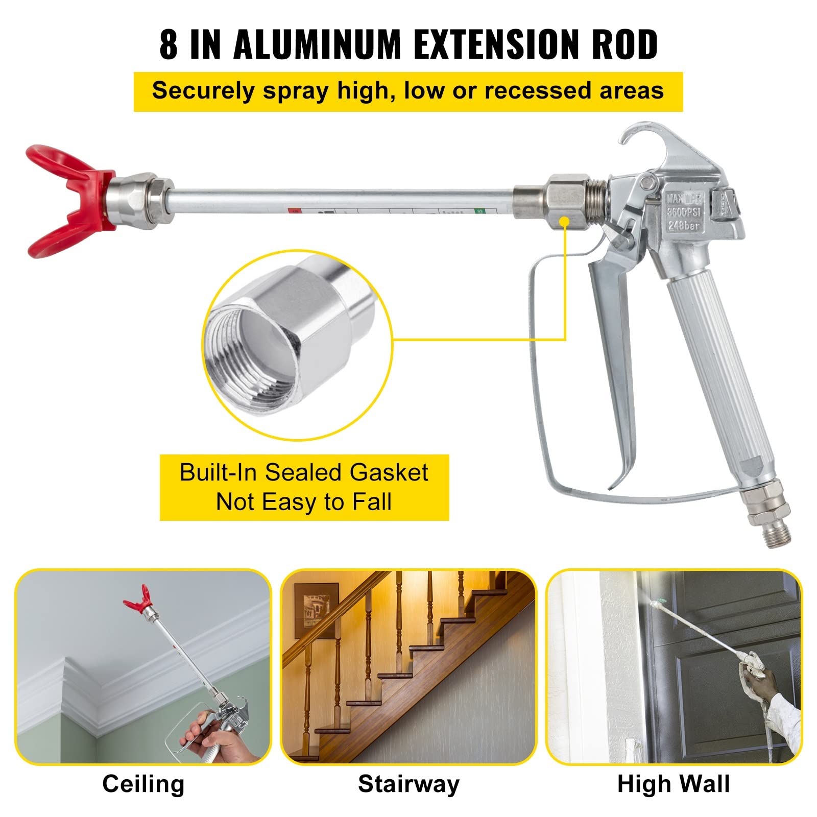Kit de manguera de rociado de pintura sin aire Tubo de fibra de nailon de alta presión de 50 pies y 3600 PSI con 8 quot;Poste de barra de extensión con punta 517 y protector de punta