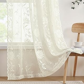 Ivory Lace Curtains 63 Inch Length 2 Panels set Victorian Floral Curtains for Living Room Bedroom Rod Pocket Light Filtering Blooming Flower Themed Lace Fabric Cream French Window Decor, 52x63 - Buy now