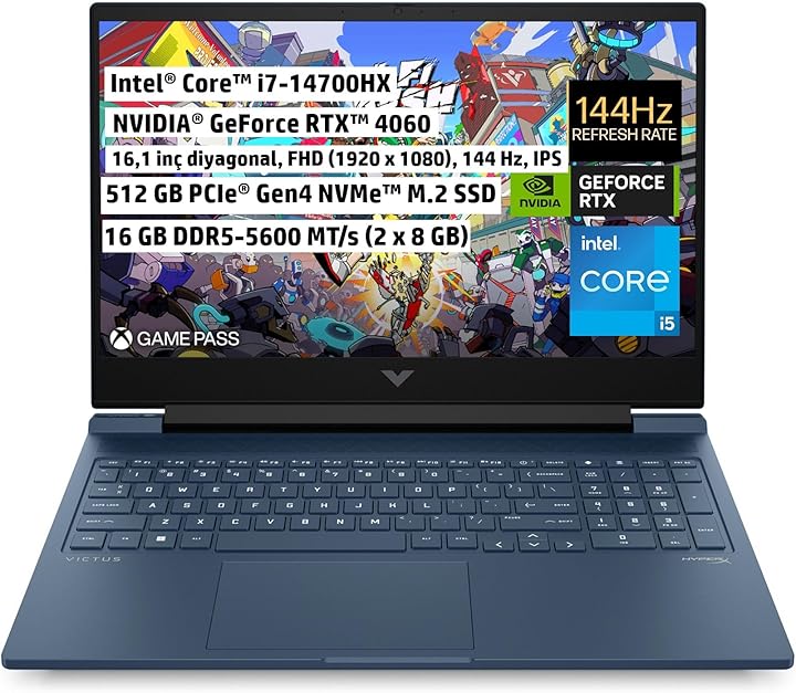 HP Victus Gaming Dizüstü Bilgisayar, 16,1 inç 144 Hz FHD IPS, Intel Core i7-14700HX, 16GB DDR5 Ram, NVIDIA GeForce RTX 4060 DLSS 3, 512 GB SSD, FreeDos, Performans Mavi, 9J247EA