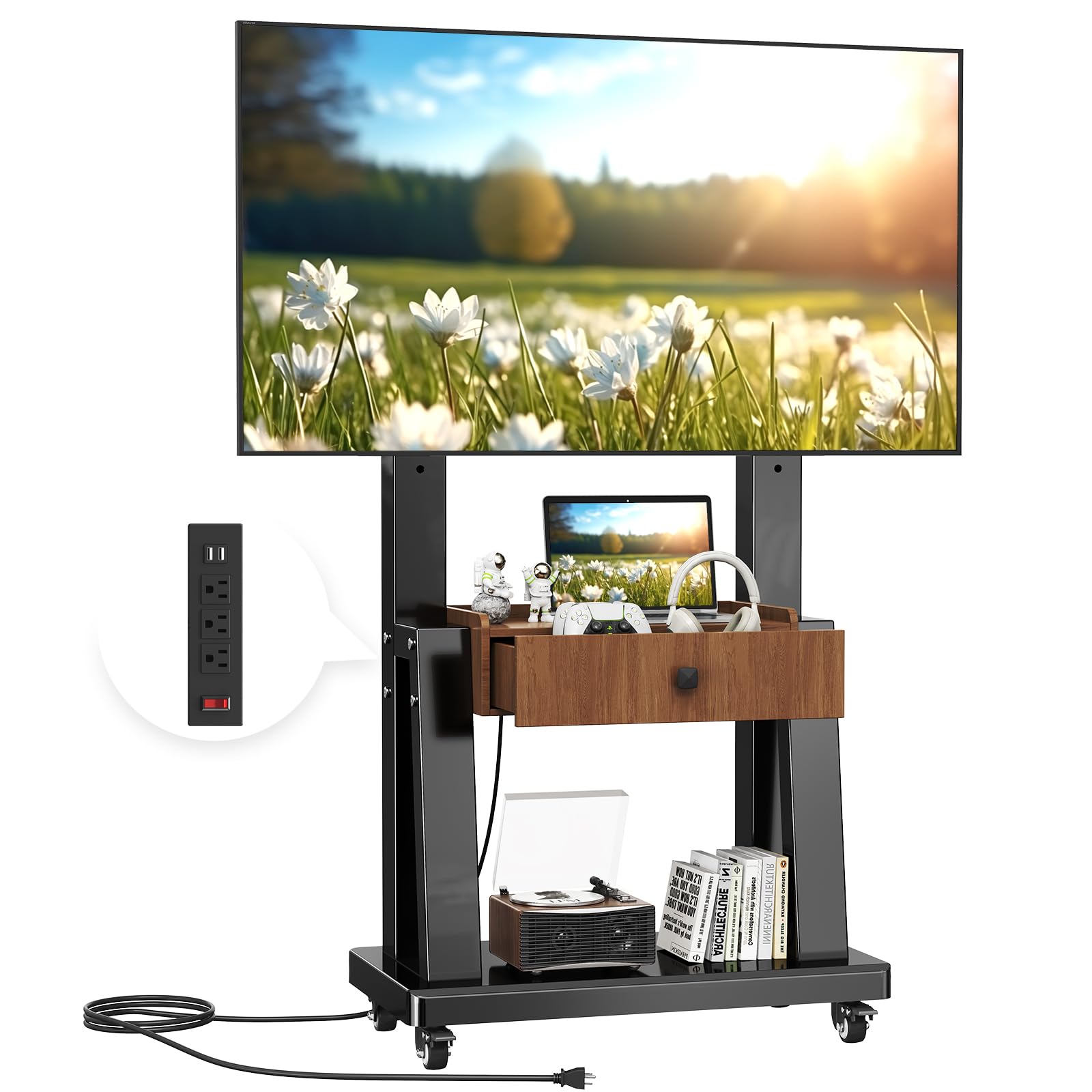 Rolling TV Cart with Power Outlet, Mobile TV Stand with Drawer and Wheels, Height Adjustable Mobile TV Cart for 23-75 inch,Screen Up to 150lbs,TV Stand for Bedroom,Indoor