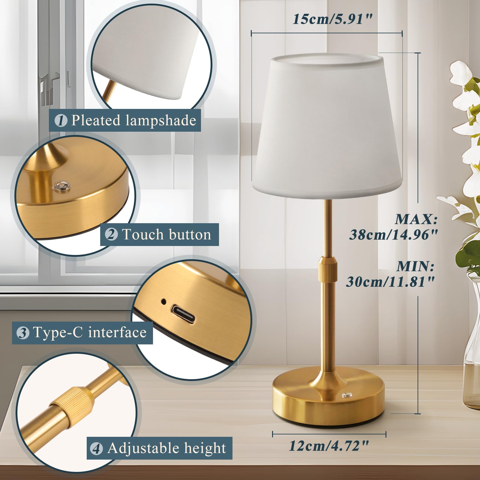Lampada da comodino ricaricabile, lampada da tavolo dimmerabile a batteria, 6000 mAh, lampade da comodino wireless con paralume in tessuto, luci dorate portatili con controllo touch per camera