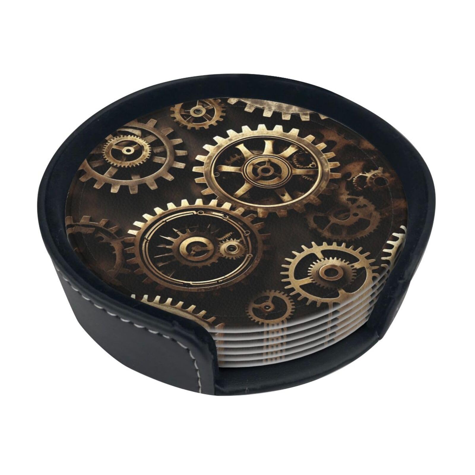 Cool Steampunk Gears Funny Coasters, 6 Pcs Leather Coasters with Holder, Perfect Housewarming Hostess Gifts