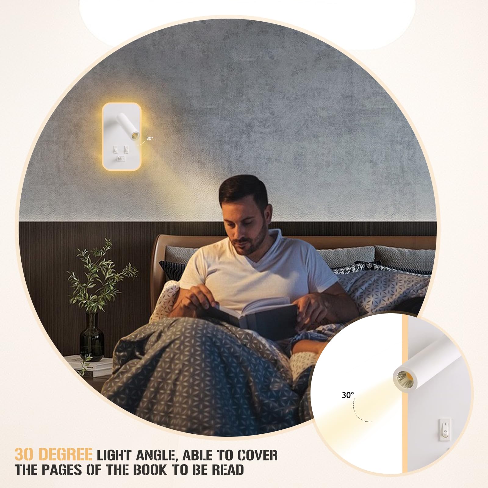 UrbanHomes Lampada da parete a LED, 12W Lampada da Lettura Sul Comodino con interruttore Porta di ricarica USB, Applique da Corridoio per hotel in camera da letto (Luce Calda 3w + 9w) (Bianco)