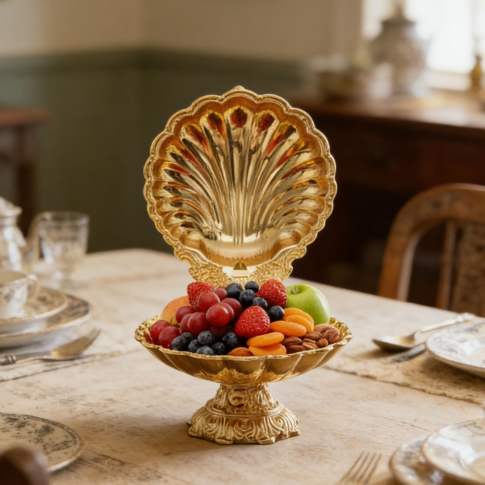 Fdit Plateau de Service, Assiette de Fruits en Alliage de Zinc en Métal en Forme de Coquillage Vintage doré avec Couvercle pour Fruits Secs, Collations, Noix, Bonbons