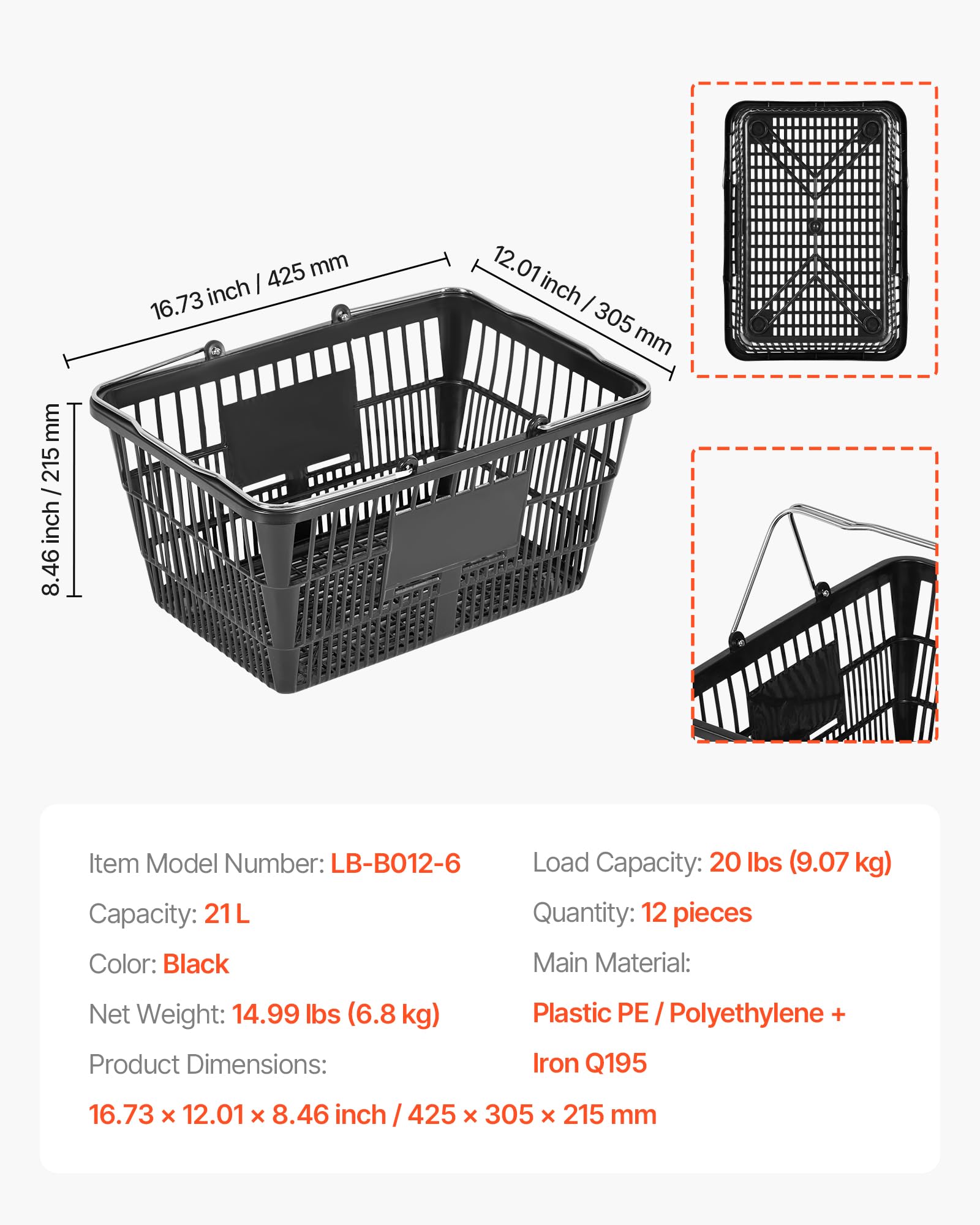 VEVOR Panier de Courses Plastique 12 PCS Panier à Provisions Empilable Capacité 21 L pour Épicerie Vente au Détail Magasins Supermarchés, avec Poignées Métalliques, Maille Dense, Charge 9 kg, Noir