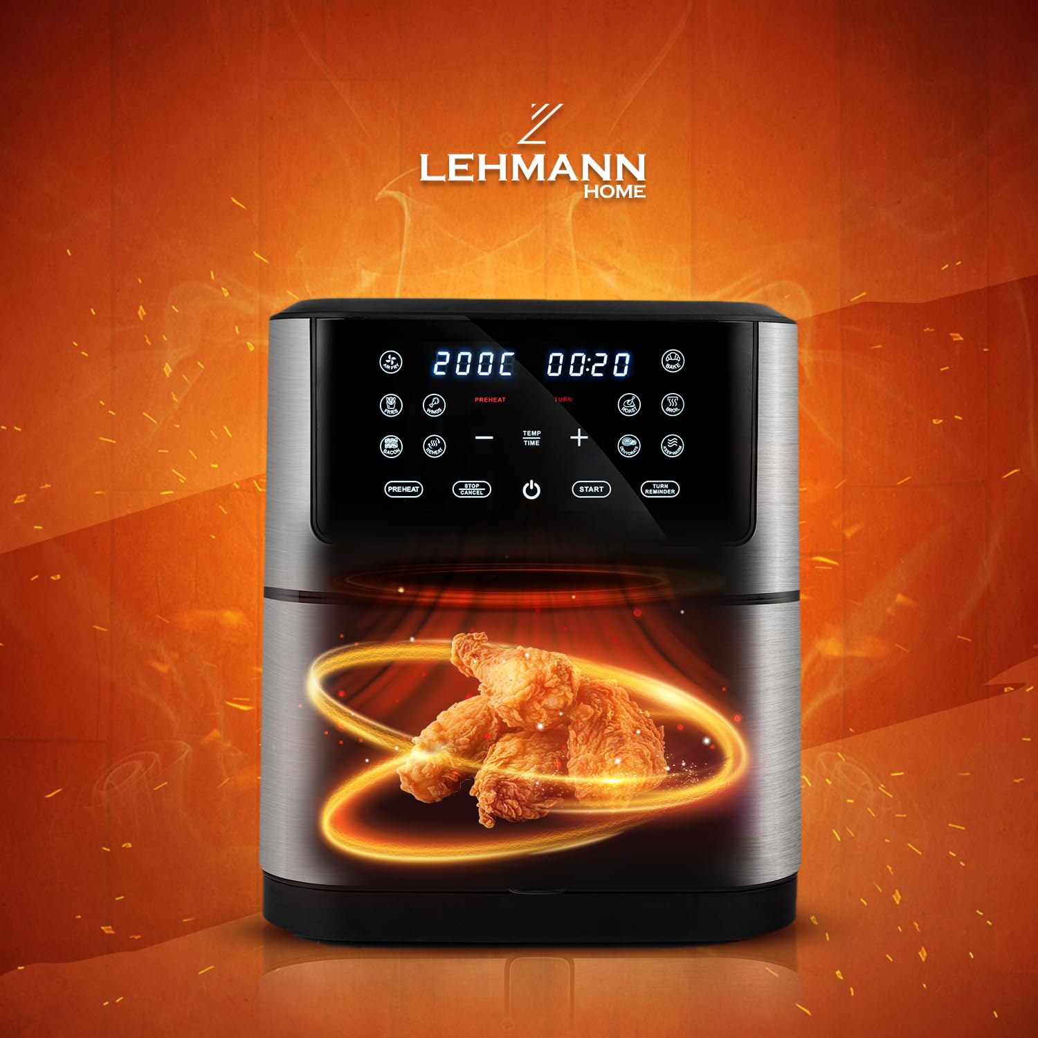 Lehmann LHODF-1880 Friteuse à air chaud 8L XXL, 1800 W avec 10 programmes, Friteuse sans huile jusqu'à 200°C, Air Fryer avec minuterie, écran tactile et fonction de déshydratation
