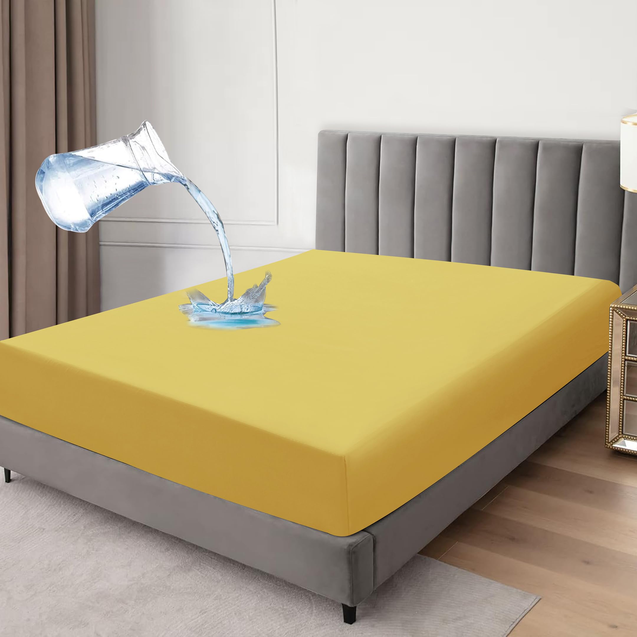Waterproof Fitted Sheet Mattress Protector, Microfiber, Breathable Crinkle Free Deep Pocket 30cm Single Double King Super King (Ochre, Double) โ image 1