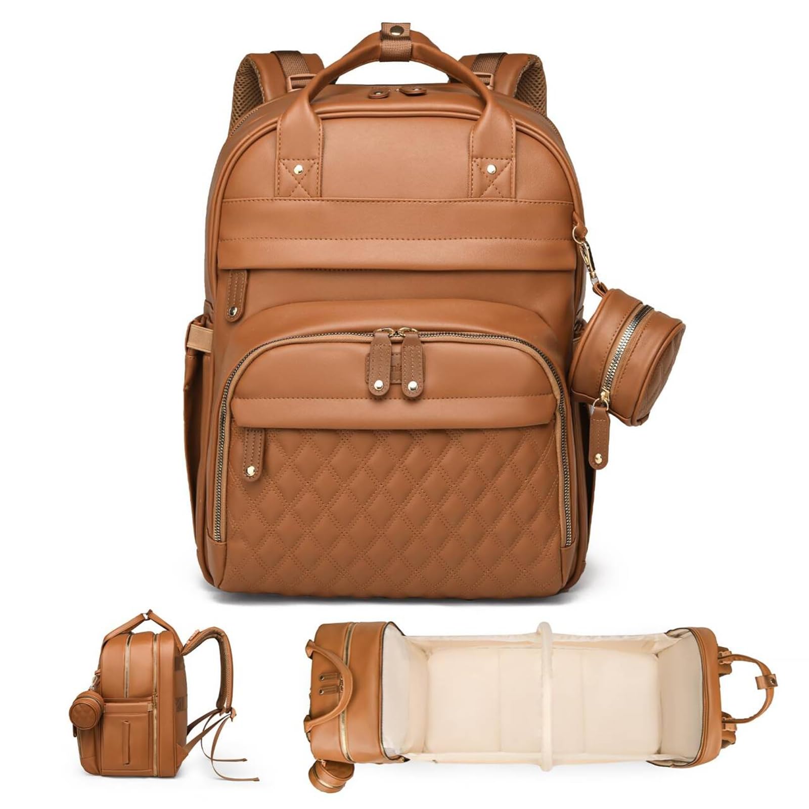 Sac à langer bébé, Sac à langer à dos portable, grande capacité, cuir déperlant, tapis à langer inclus, pare-soleil, porte tétine, sangles intégrées poussette