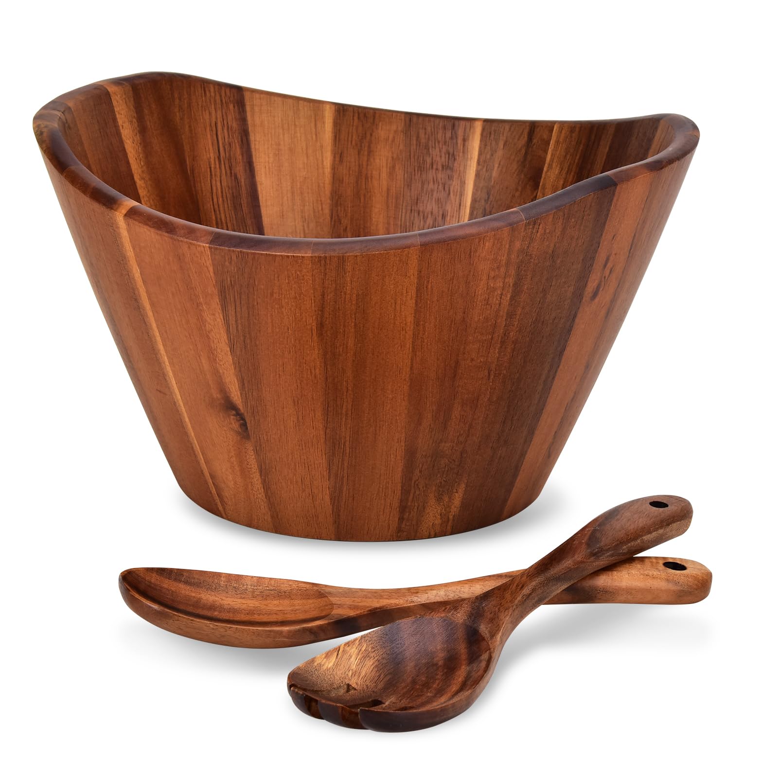 Ensaladera de madera de acacia, cuenco de frutas y verduras, cuenco grande ondulado de 12 pulgadas con cuchara y tenedor para servir, hecho a mano, duradero y elegante servidor de comedor de