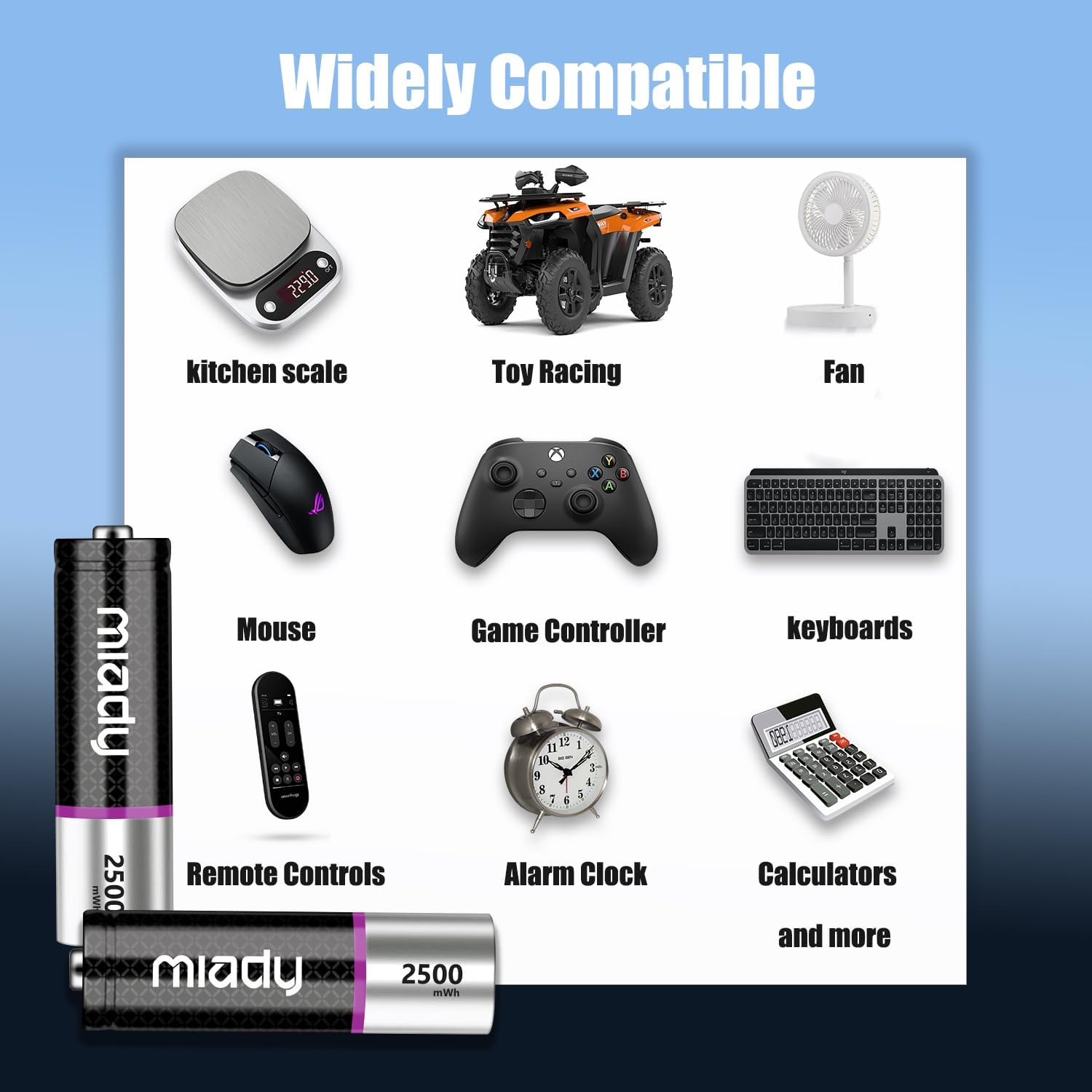 Graphic showing various devices compatible with Miady AA batteries, including a kitchen scale, toy racing car, fan, mouse, game controller, keyboards, remote controls, alarm clock, and calculators.