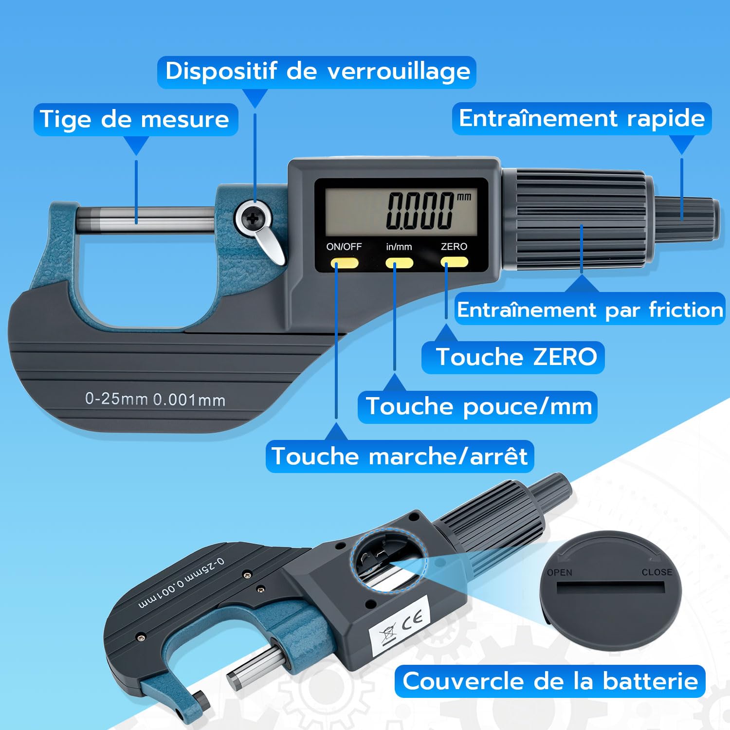 Mcbazel Micromètre Électronique LCD 0-25 mm, Micromètre Numérique Extérieur avec Affichage en Pouce/Métrique, Haute Précision 0,001 mm