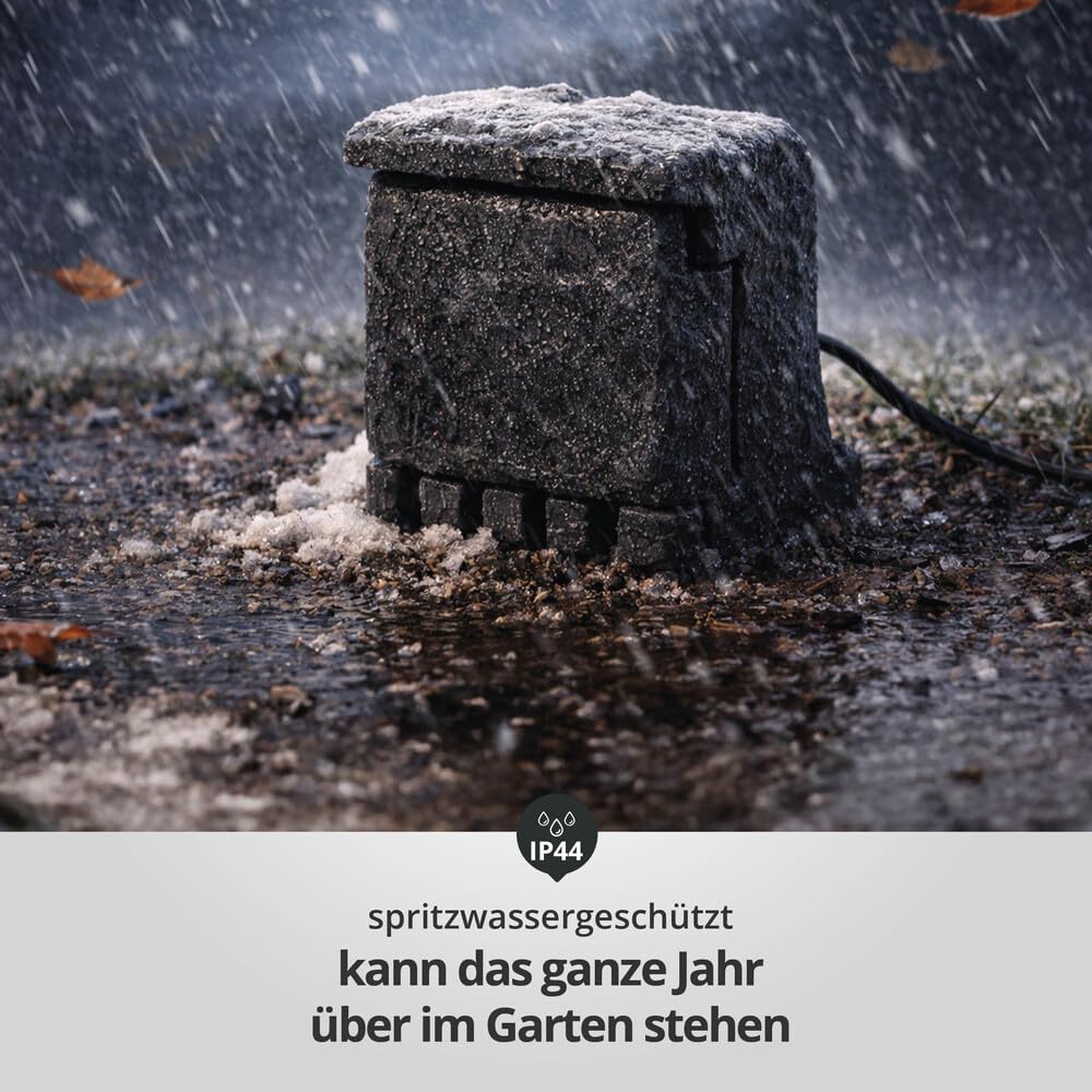 LED Universum - Gartensteckdose Steinoptik grau 3m Zuleitung 3680W max. Gesamtleistung aus witterungsfestem Kundstoff IP44 - Energiestation Energeistein Außensteckdose 20 x 20 x 20cm