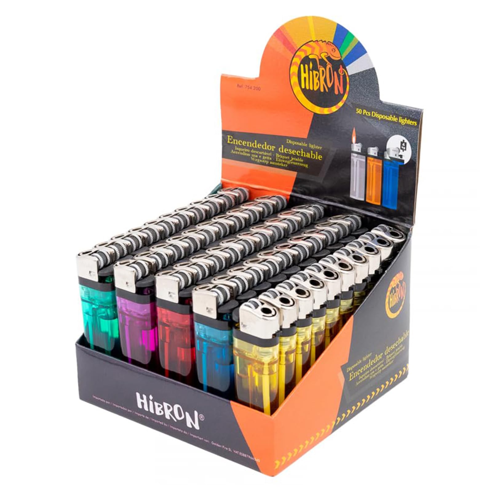 HIBRON – Pack de 50 Mecheros Desechables de Colores Translúcidos | Encendedor Clásico con Piedra y Llama Regulable