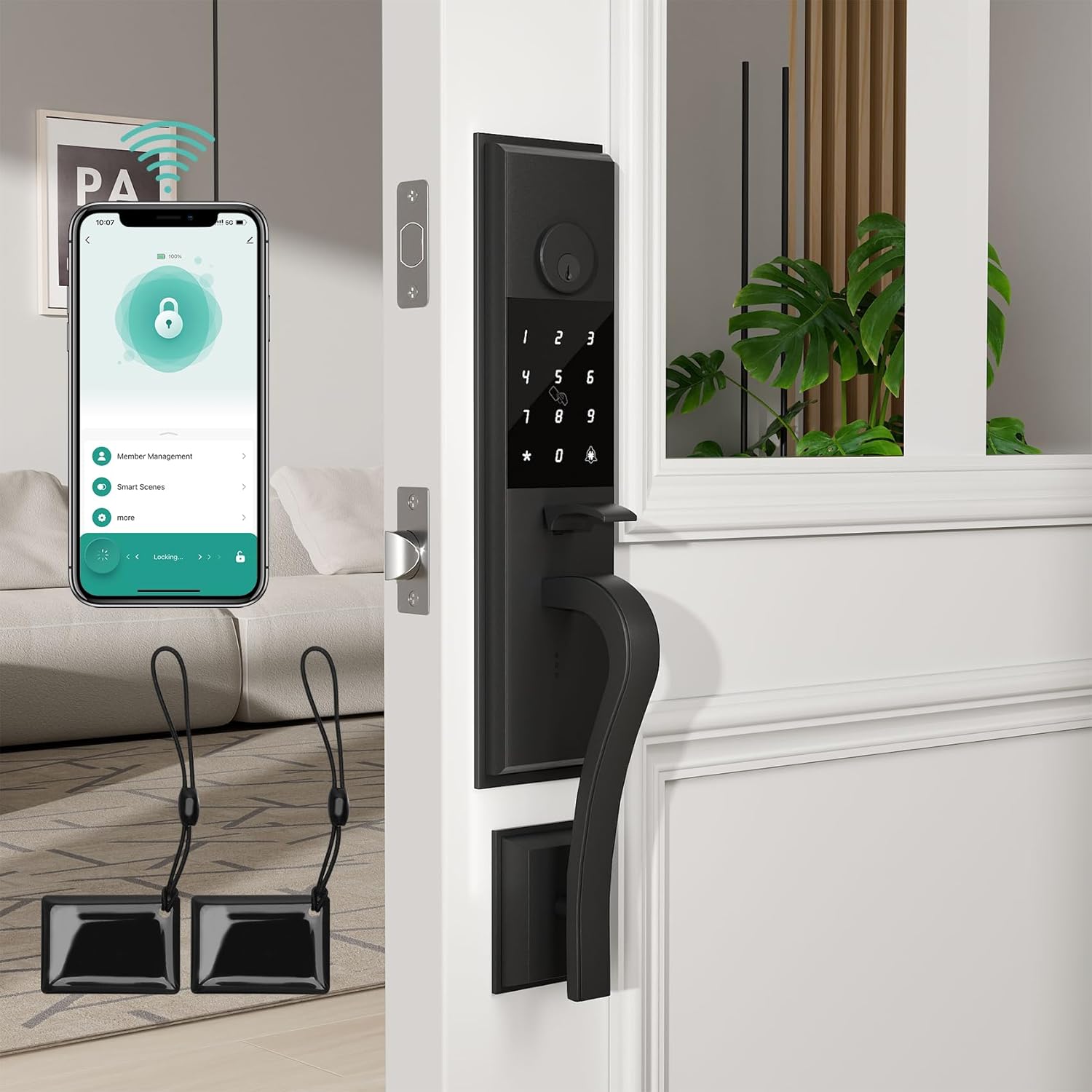 Keyless Smart Door Lock, Smart Front Door Lock, Keyless Entry Door Lock, Electronic Digital Lock with Touchscreen Keypad Set, Smart Locks for Front Door with Tuya Appa, Auto Lock(Matte Black) Black Circular handle