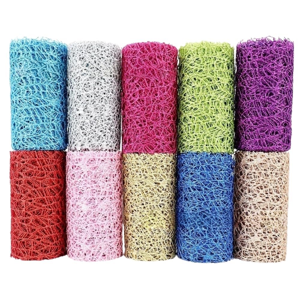 Weihnachtsband aus Kunststoff Mesh Glitzer Band Weihnachten Deko-Mesh-Band für Kranz Weihnachtsbaum Dekoratives Netzband Weihnachts-Mesh-Band für Geschenkverpackung DIY-Bastelbedarf,10-teiliges Set