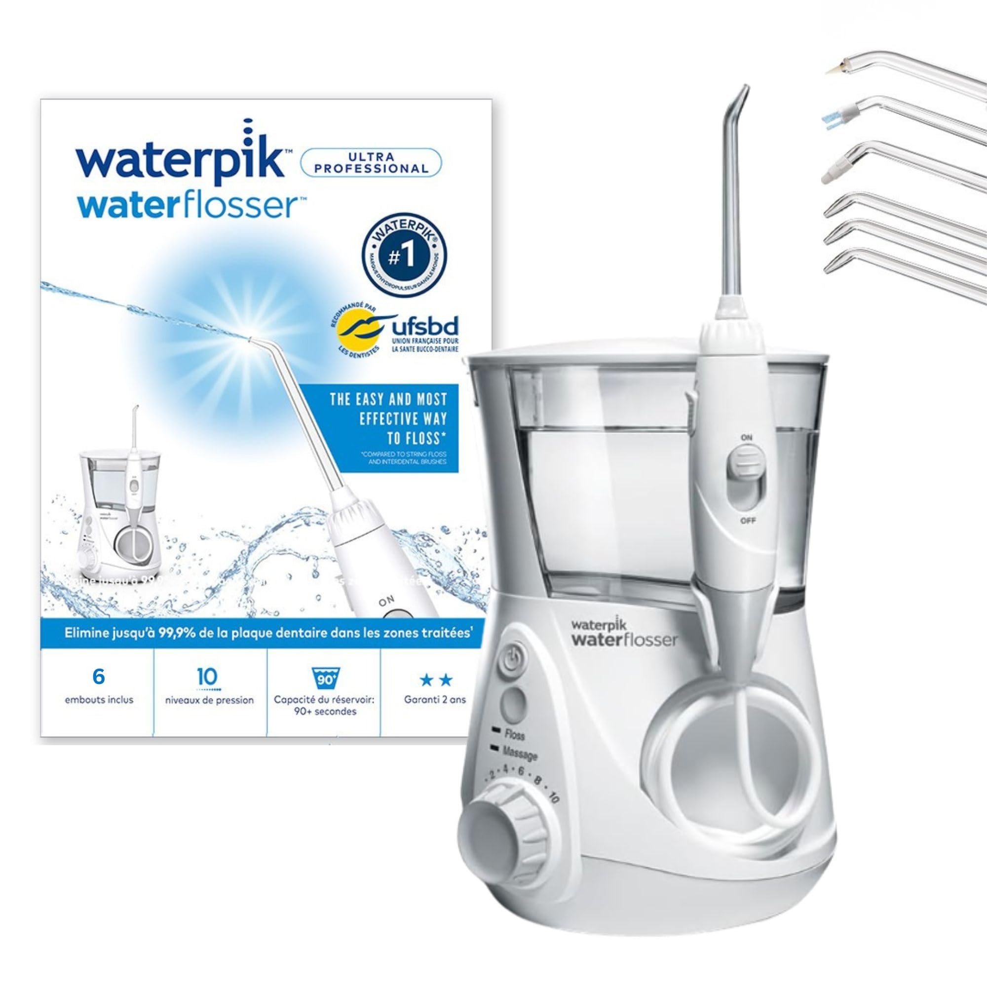 Waterpik – Hydropulseur Ultra professionnal, Jet dentaire avec 6 embouts et 10 niveaux de pression, Élimine la plaque, Blanc (WF-​660EU)
