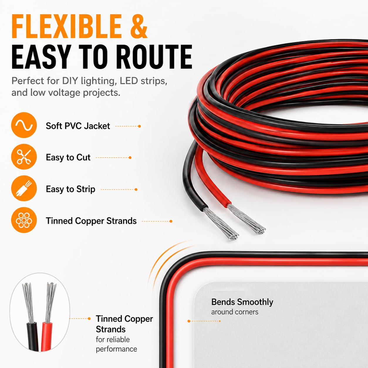 Cable de extensión de luz RV para tira de luces interiores LED, cables de 66 pies y 22 AWG para caravana, caravana, remolque, carga, furgoneta, techo, techo, toldo, porche, luz subterránea
